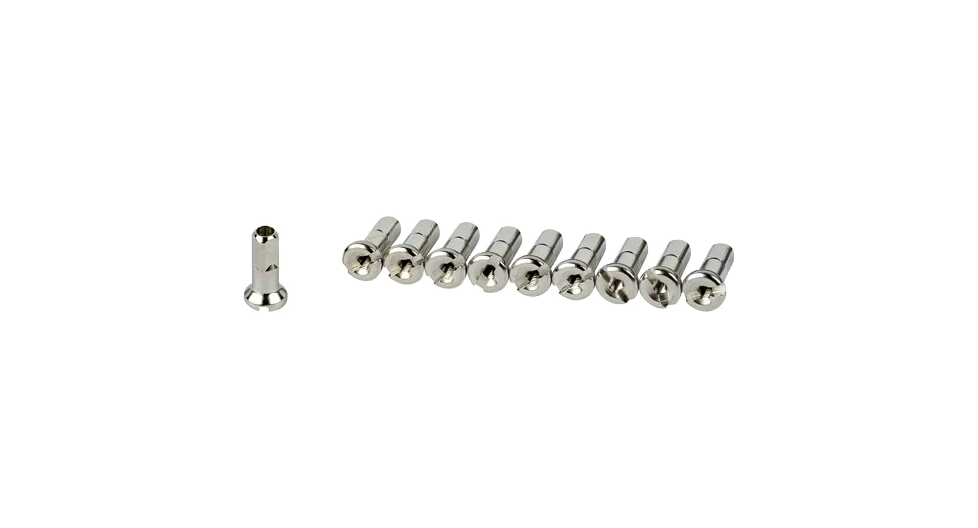 Silver Bontrager 13 gauge spoke nipples for Trek wheel repair, pack of 10, showing shiny metal components on a neutral background.