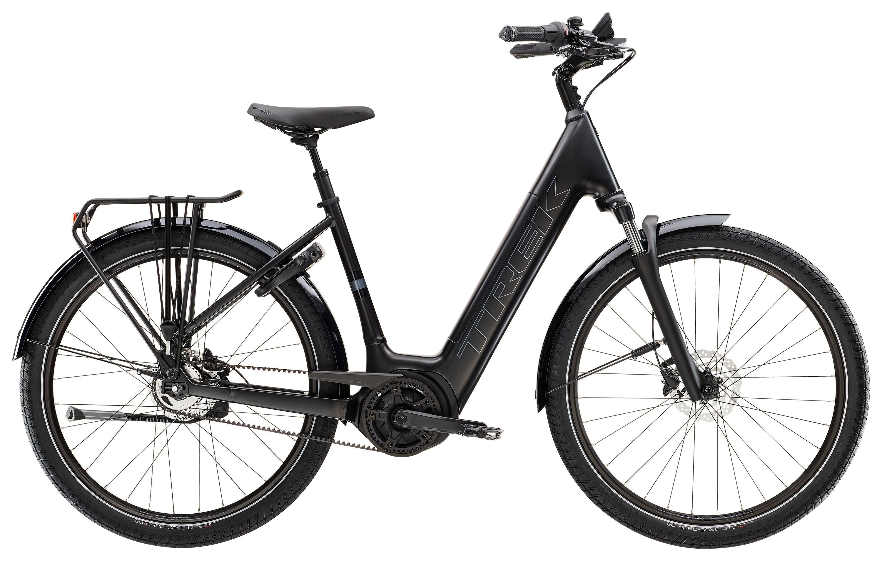 Trek District+ 4 Coaster Belt Lowstep e-bike with Bosch Smart System and Gates Belt Drive, shown from side view.