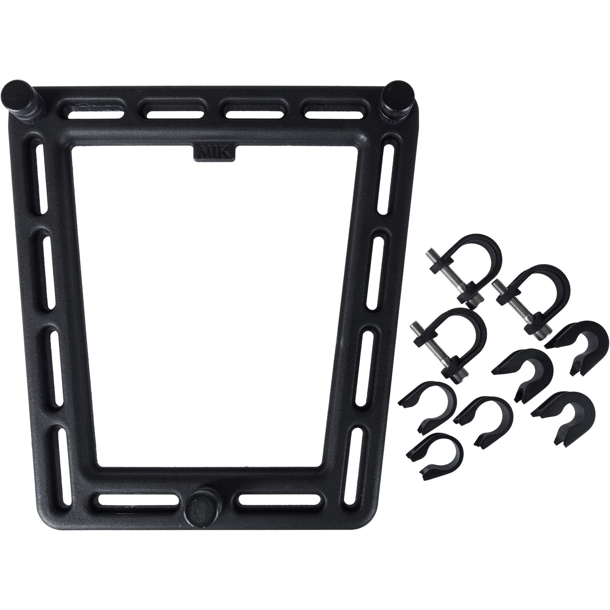 Basil MIK SIDE Studs Frame Adaptor for bike carrier bags, showing its mounting hardware on a black frame.
