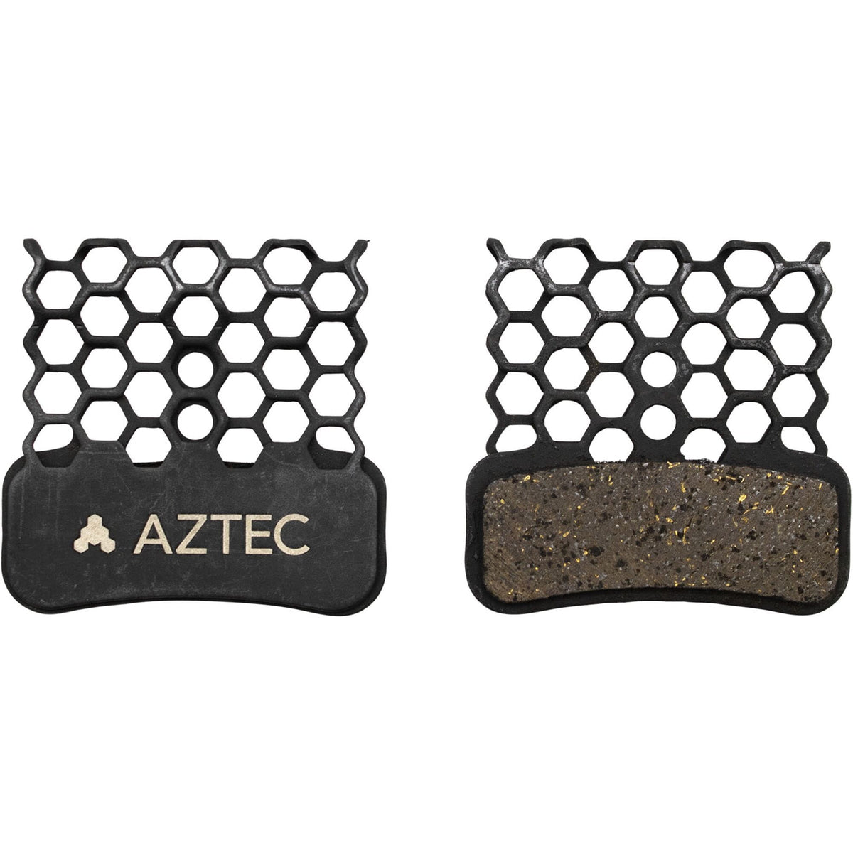 Aztec HexVent disc brake pads for Shimano Saint with advanced heat management, showing the brake component with textured surface.
