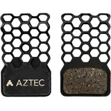 Aztec HexVent disc brake pads for Shimano flat mount calipers with heat control, shown in a close-up of the automotive components.
