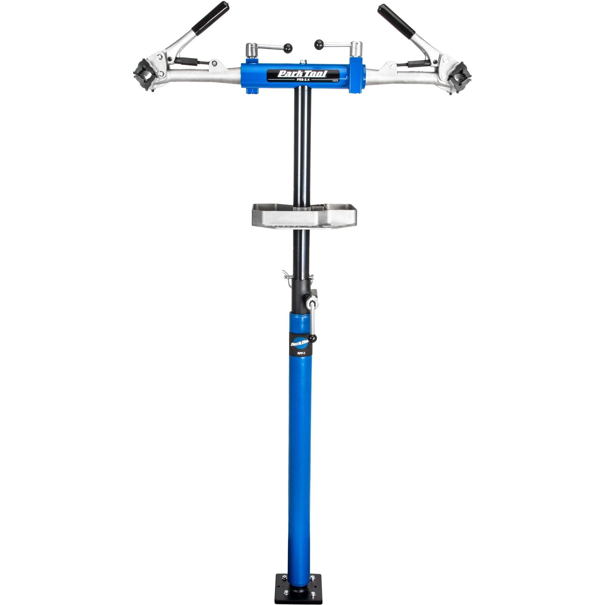 Park Tool PRS-2.4-1 Deluxe double arm bike repair stand with 100-3C clamps for workshop bike maintenance and repair.