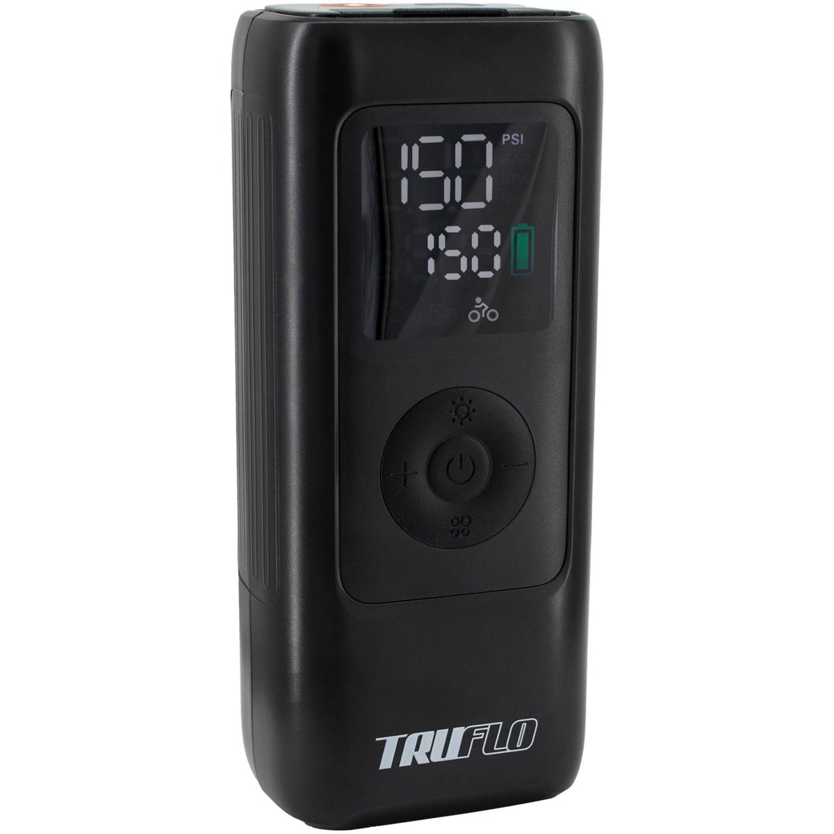 Truflo Electron Max portable electric pump with digital display and USB-C rechargeable battery, compact inflator accessory.