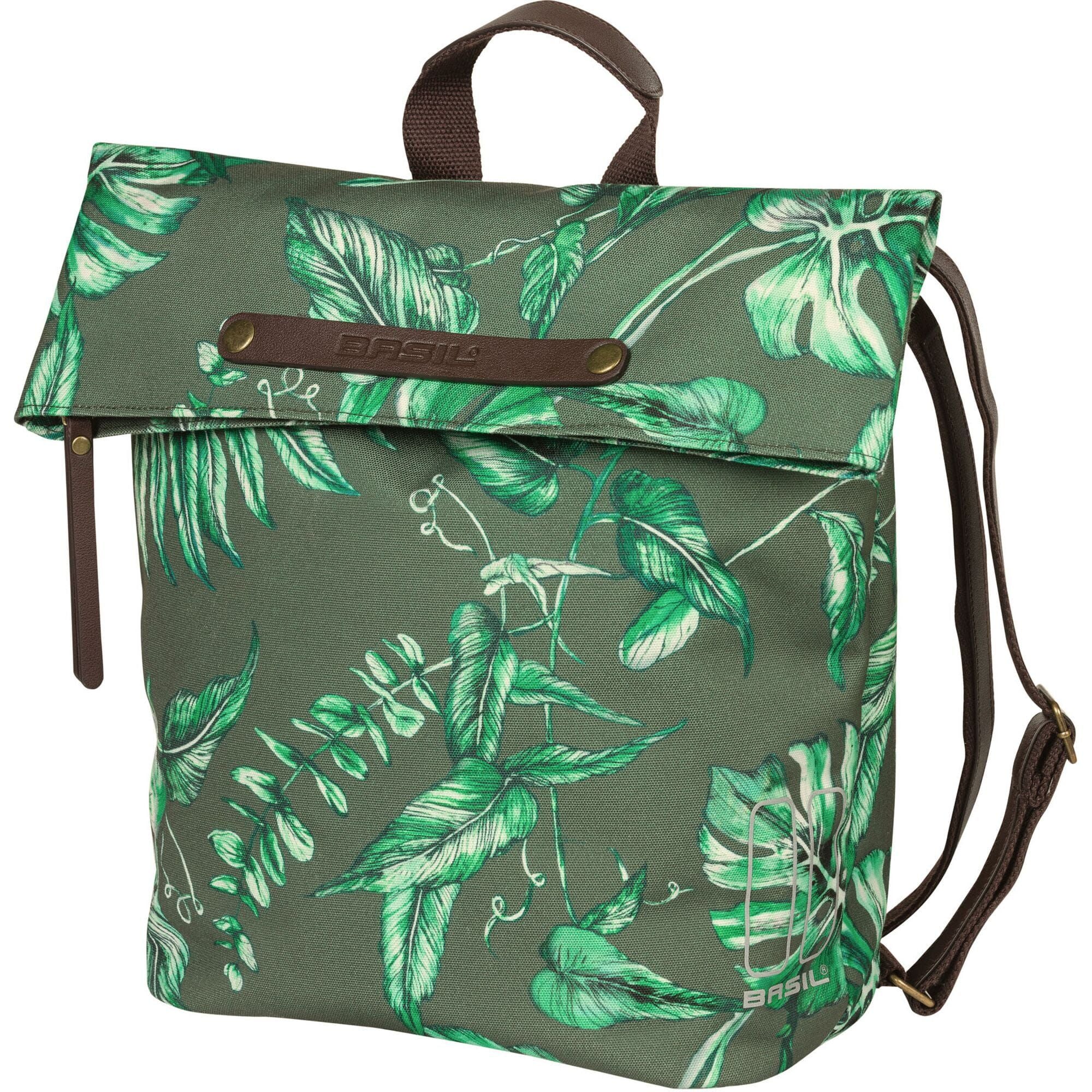 Basil Ever-Green bicycle daypack in eco-friendly water-repellent fabric with hook-on system, shown in a vibrant green color.