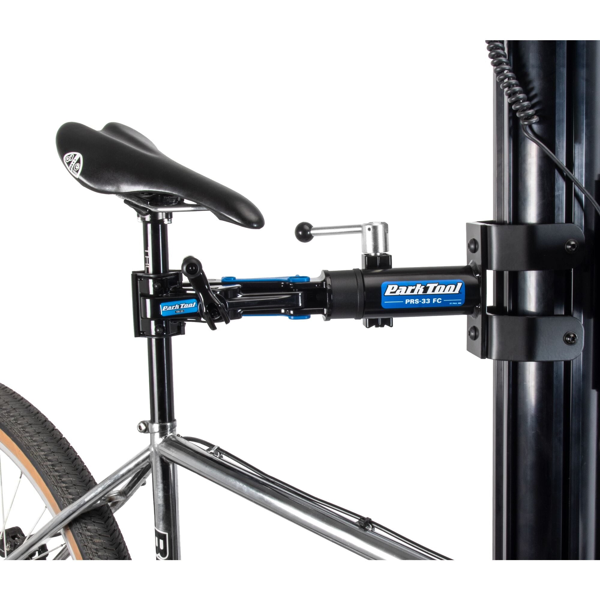 Park Tool PRS-33 FC fixed clamp kit for PRS-33.2 bike repair stand, showing the workshop clamp components on a repair stand.