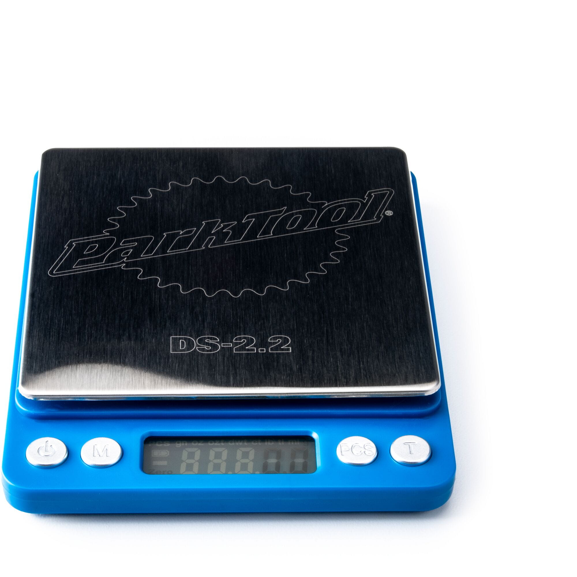 Park Tool DS-2.2 digital tabletop scale with backlit display and dual measurement units, suitable for workshop use.