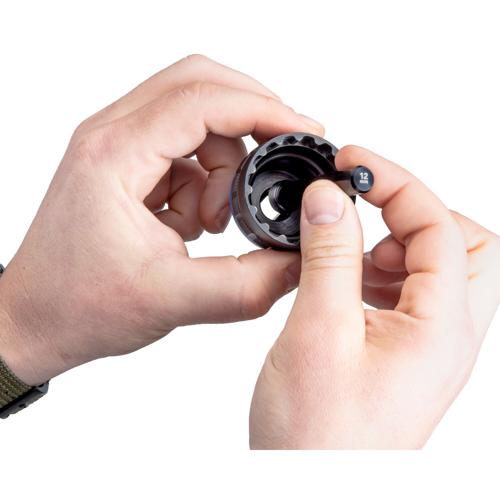 Park Tool GPS-12 guide pin for 12mm thru axle hubs with center lock lockrings, used in bike workshop maintenance.