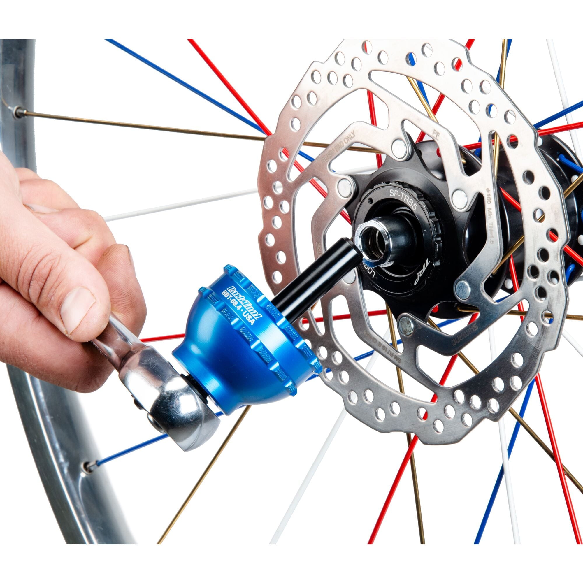 Park Tool GPS-12 guide pin for 12mm thru axle hubs with center lock lockrings, used for bicycle workshop maintenance.