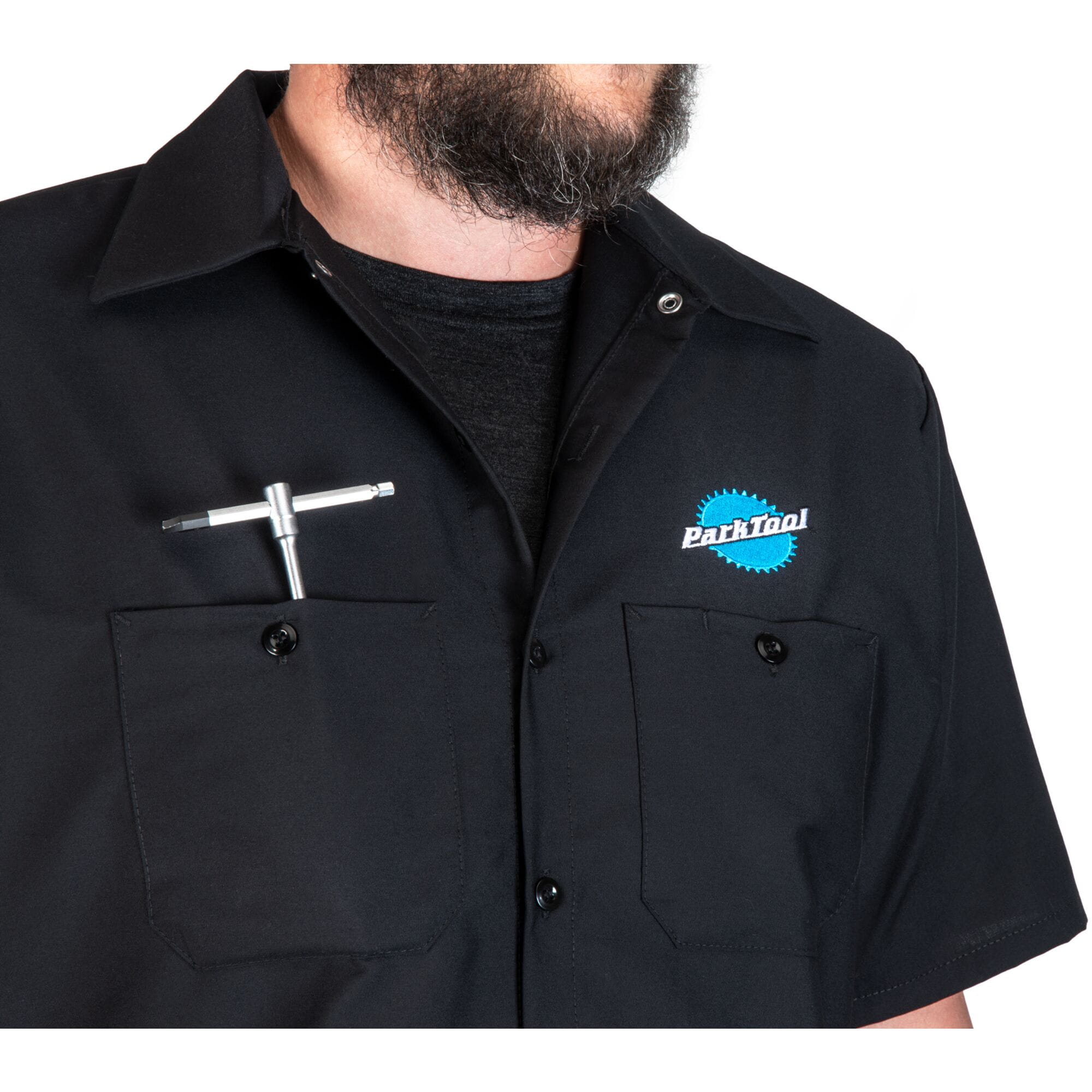 Park Tool MS-3 mechanics shirt featuring wrinkle-resistant fabric and chest pockets, ideal for workwear and mechanical tasks.