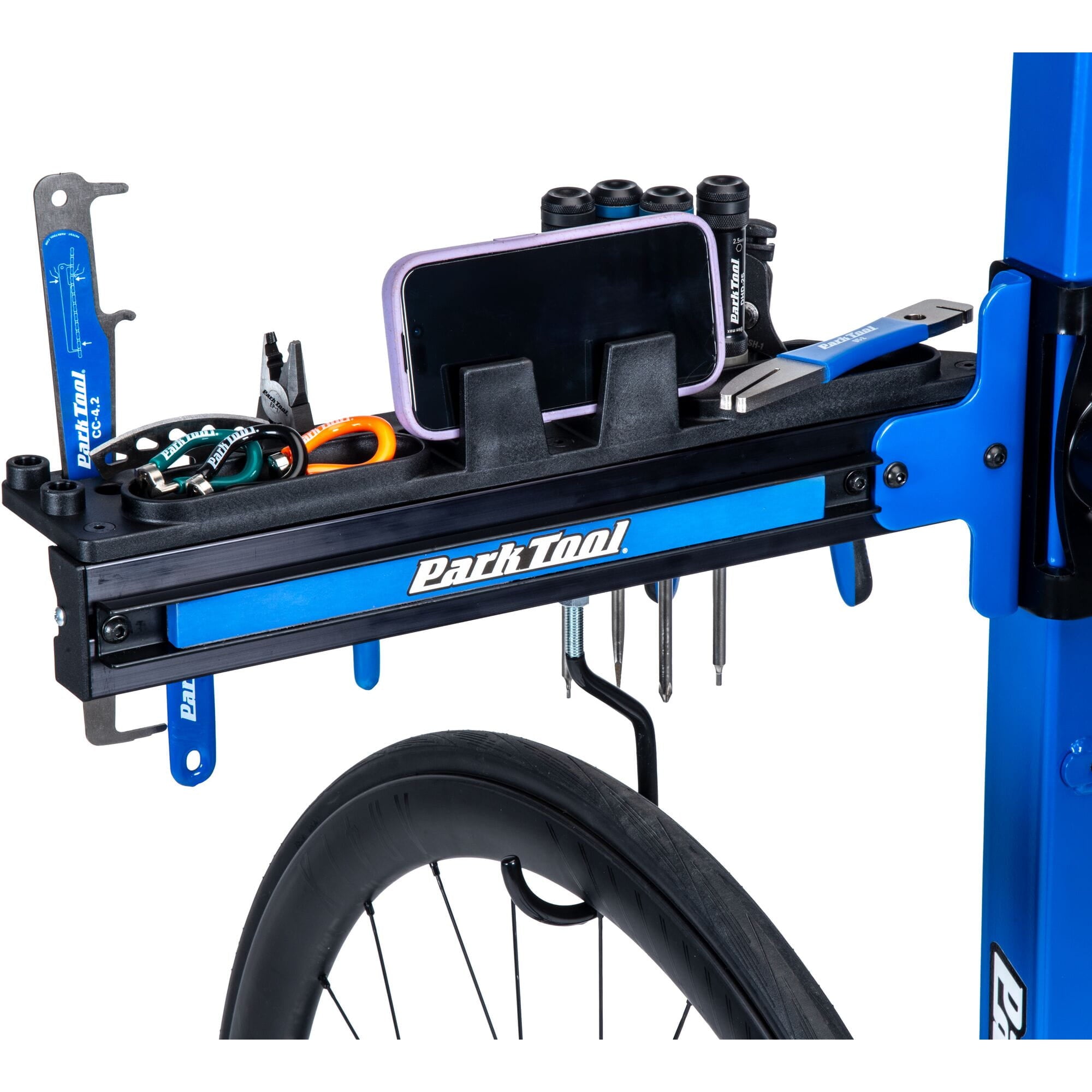 Park Tool PRS-TT-2 deluxe workshop tool tray attached to PRS-30 and PRS-33 repair stands for organized bike repair workspace