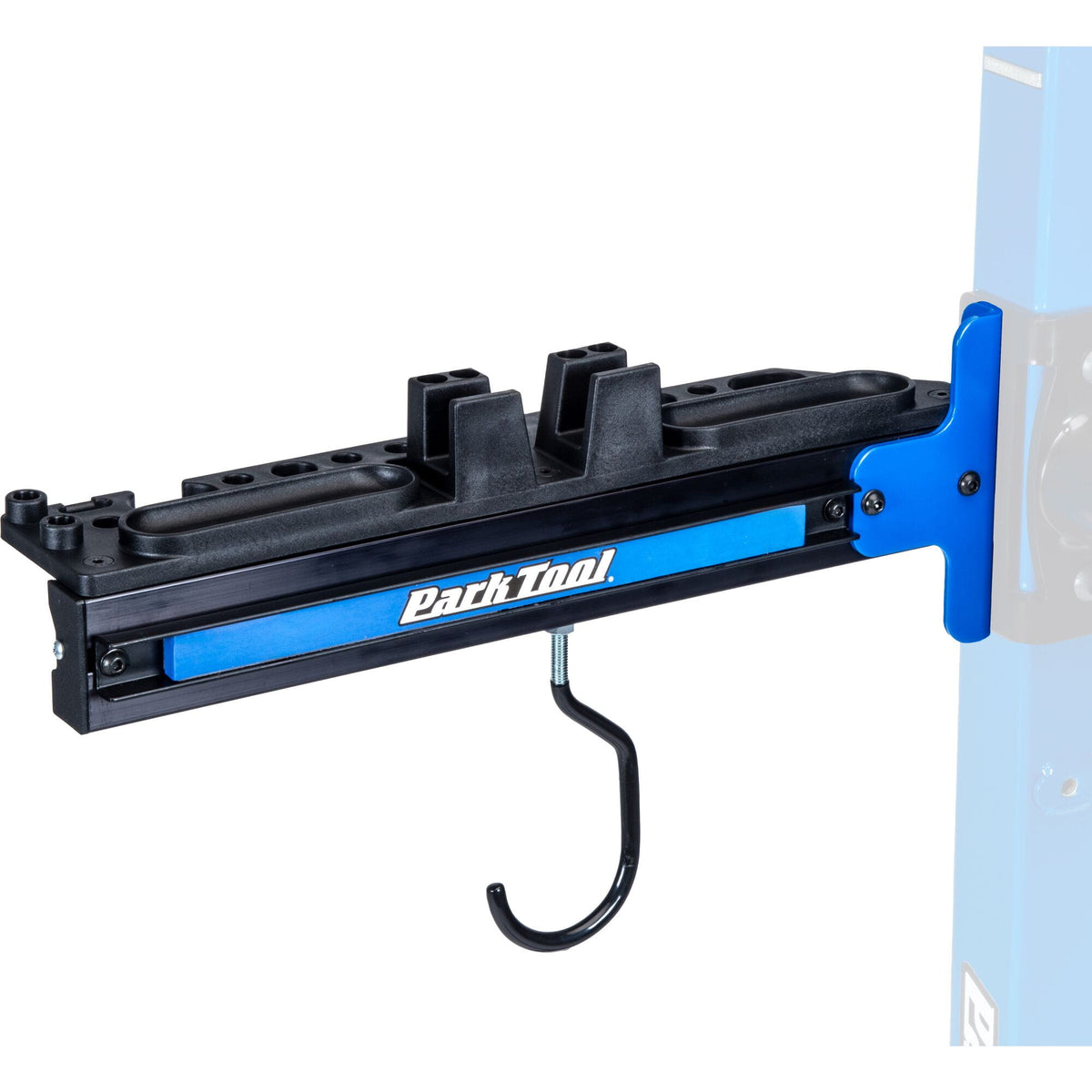Park Tool PRS-TT-2 deluxe workshop tool tray attached to PRS-30 and PRS-33 repair stands, offering organized workspace storage.