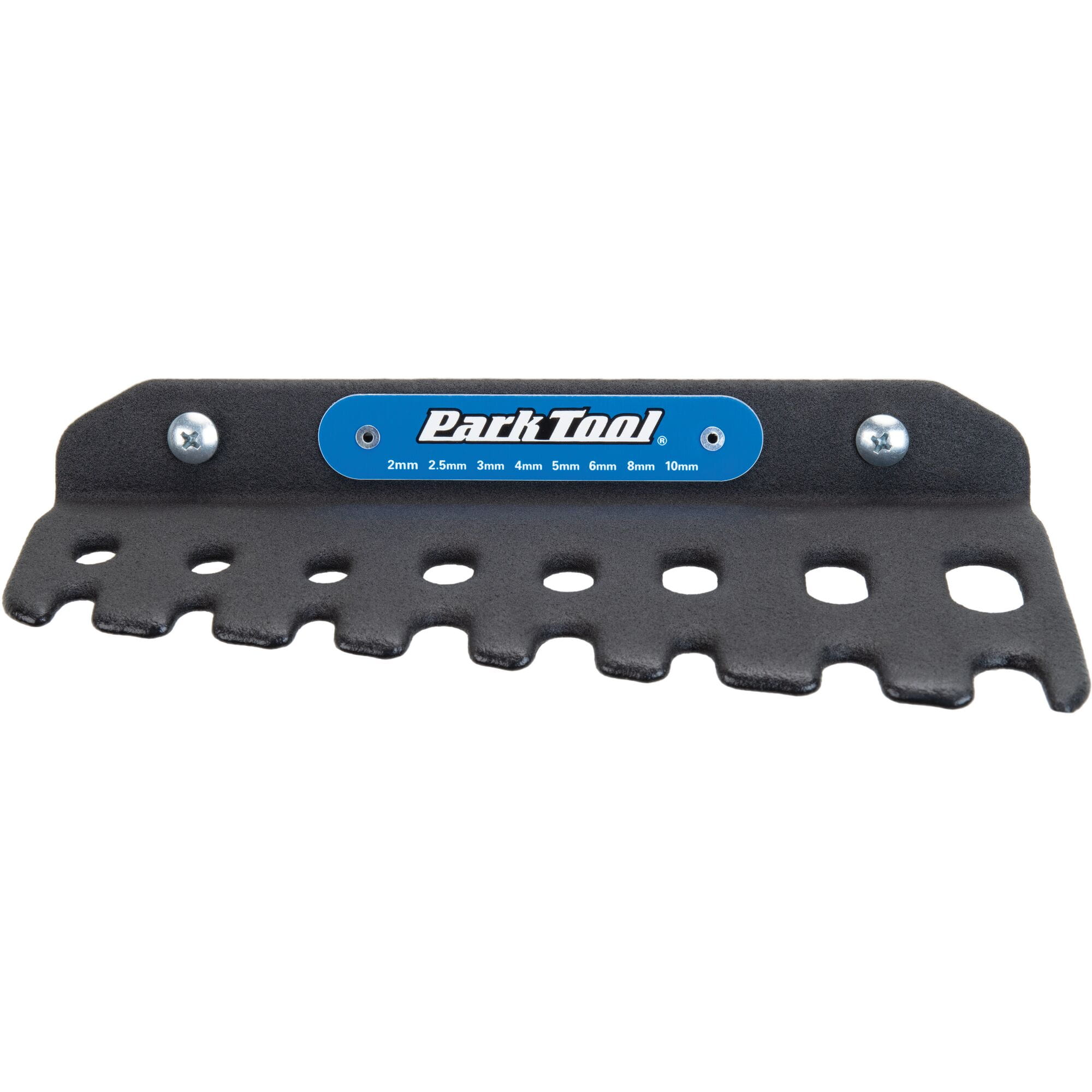 Park Tool T-Handle Hex Wrench Holder mounted on wall, designed for THH-1 set, organized workshop storage for bike tools.