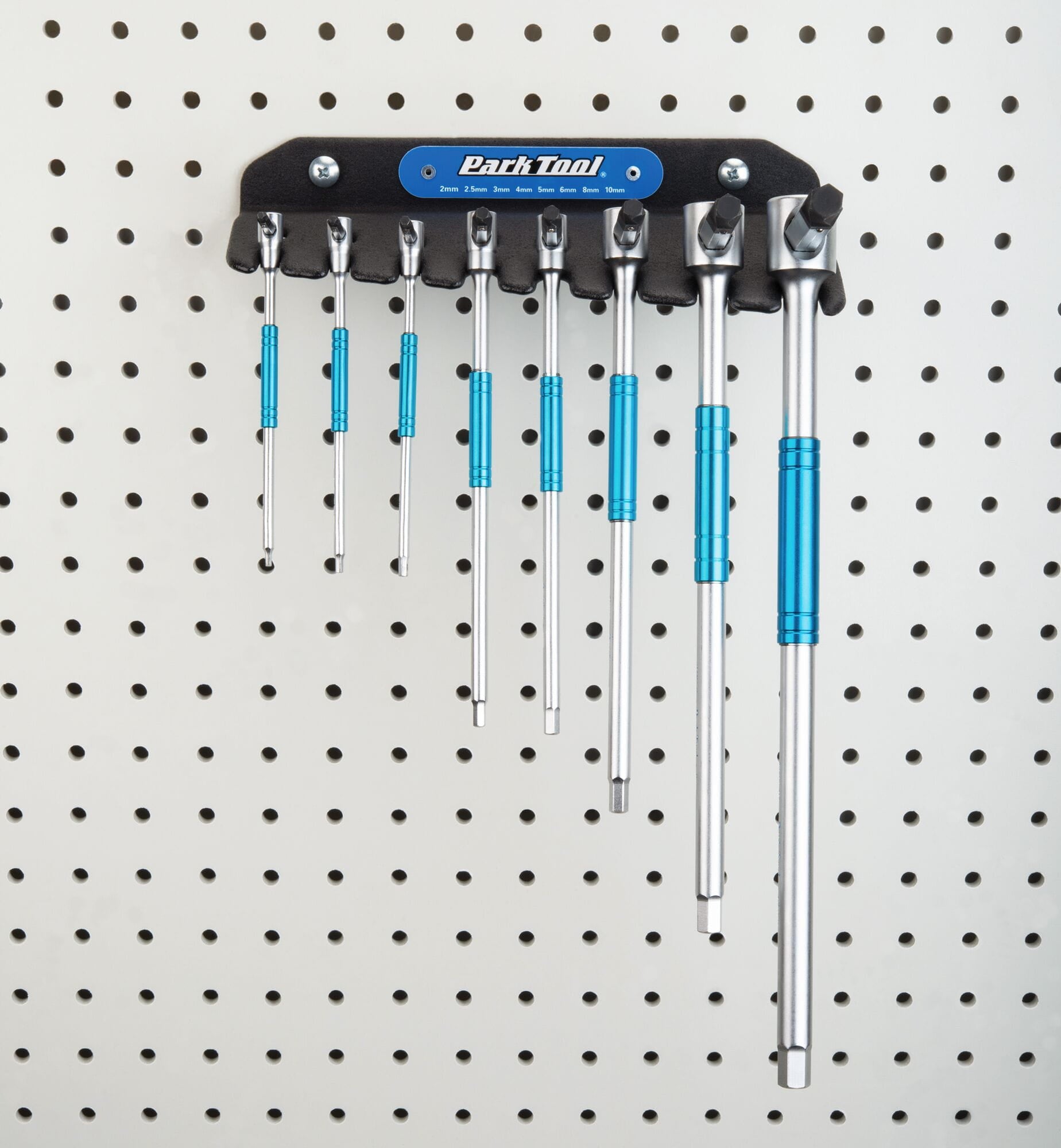Park Tool THH-H T-Handle Hex Wrench Holder mounted on wall, designed for organizing THH-1 set in a workshop setting.