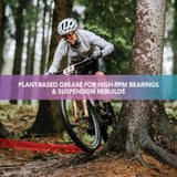 Finish Line BOOSTEDT BioGrease plant-based bike grease application on bike components, showcasing eco-friendly low-friction lubricant.