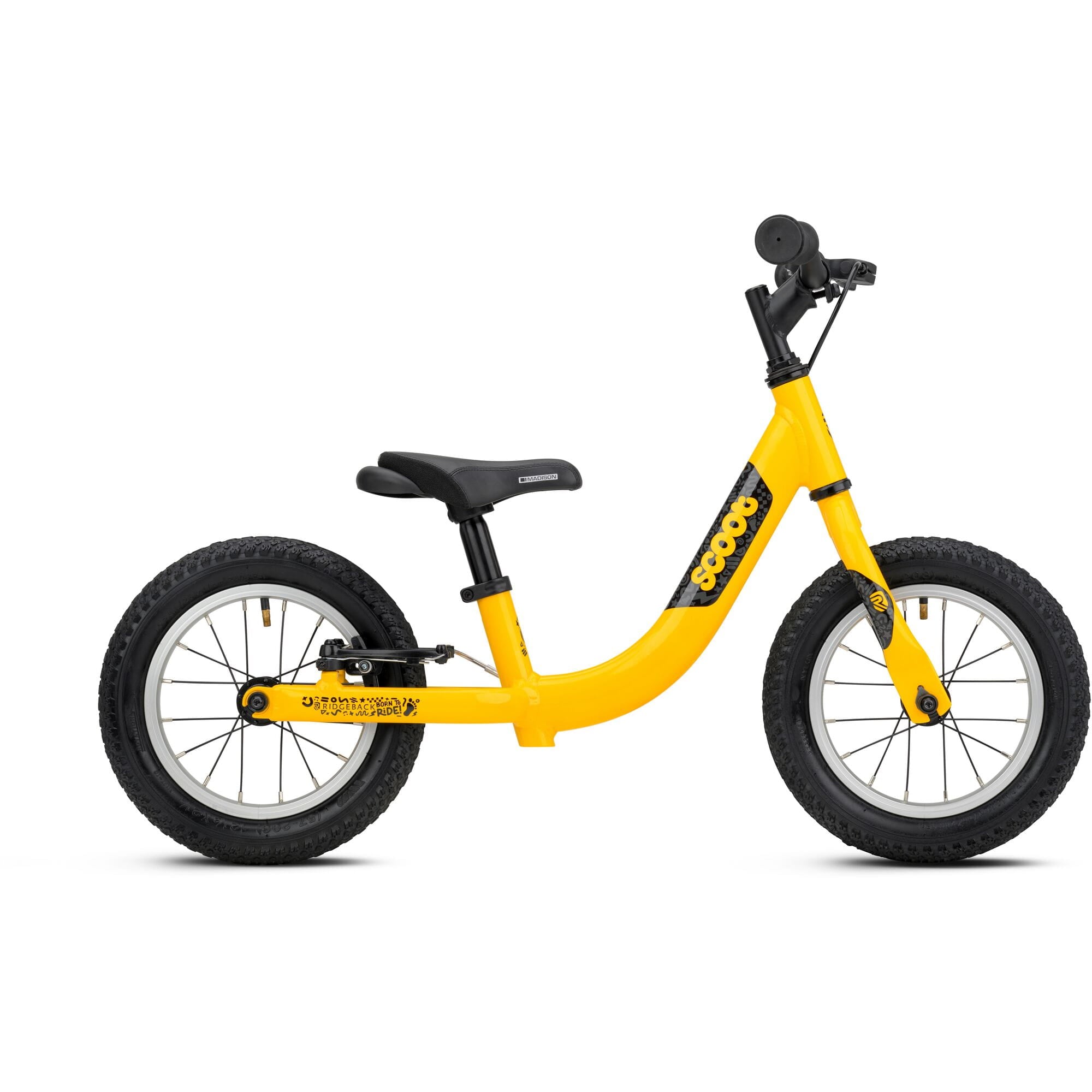Yellow Ridgeback Scoot 2027 kids balance bike for toddlers age 2+, shown with close-up details and colorful design.