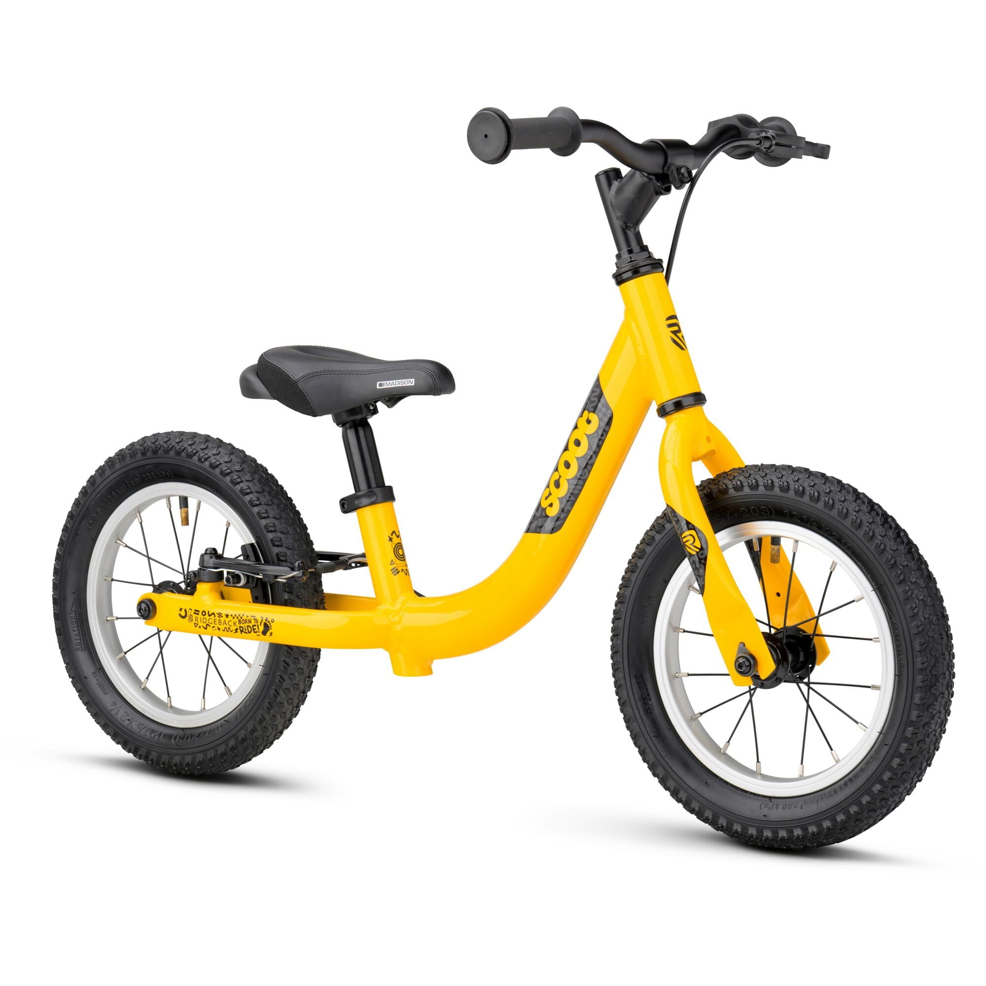Yellow Ridgeback Scoot 2027 kids' balance bike for toddlers age 2+, shown with close-up detail of the frame and handlebars.