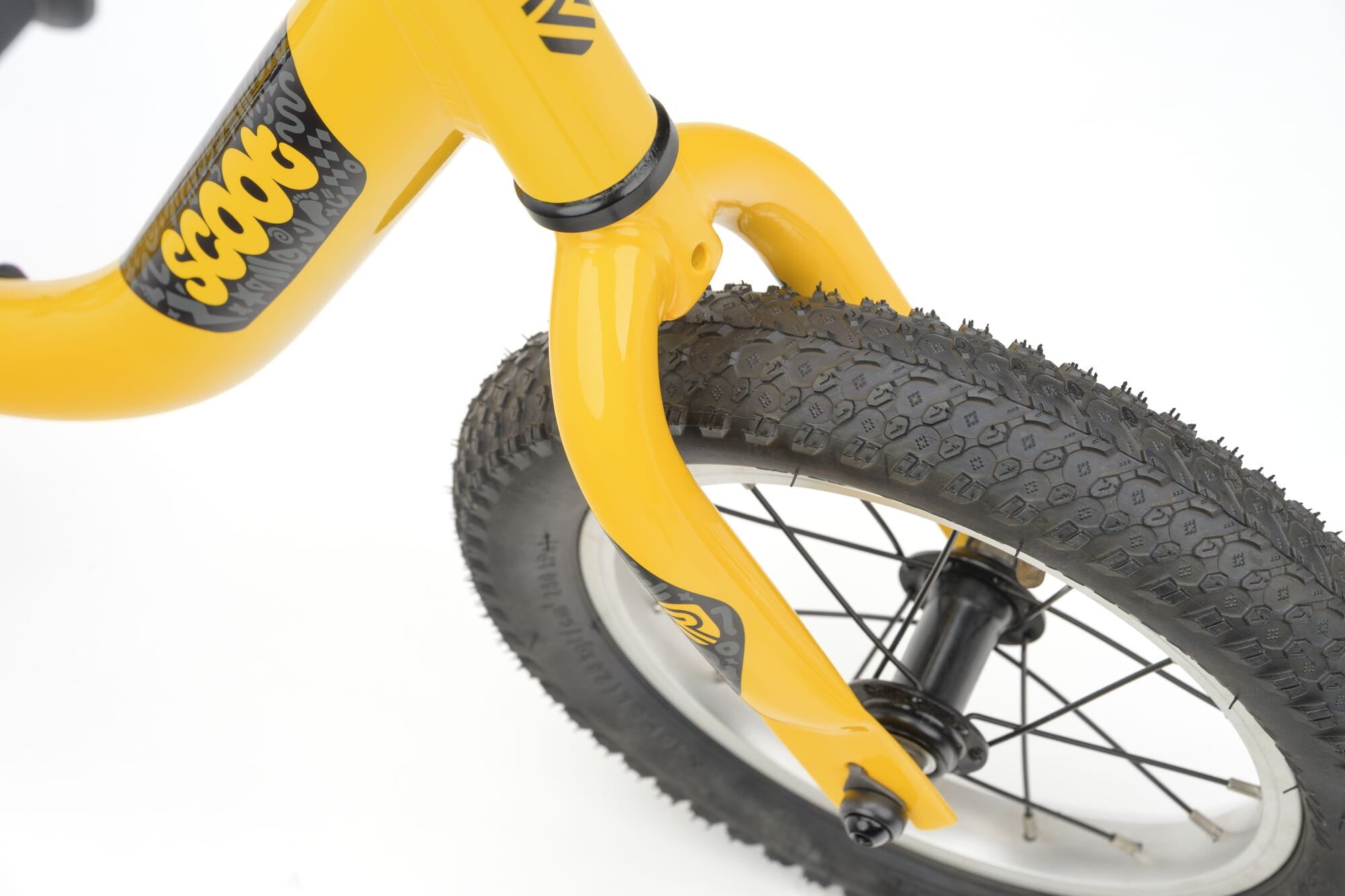 Yellow Ridgeback Scoot 2027 kids' balance bike for toddlers age 2+, featuring a lightweight frame and ergonomic design.