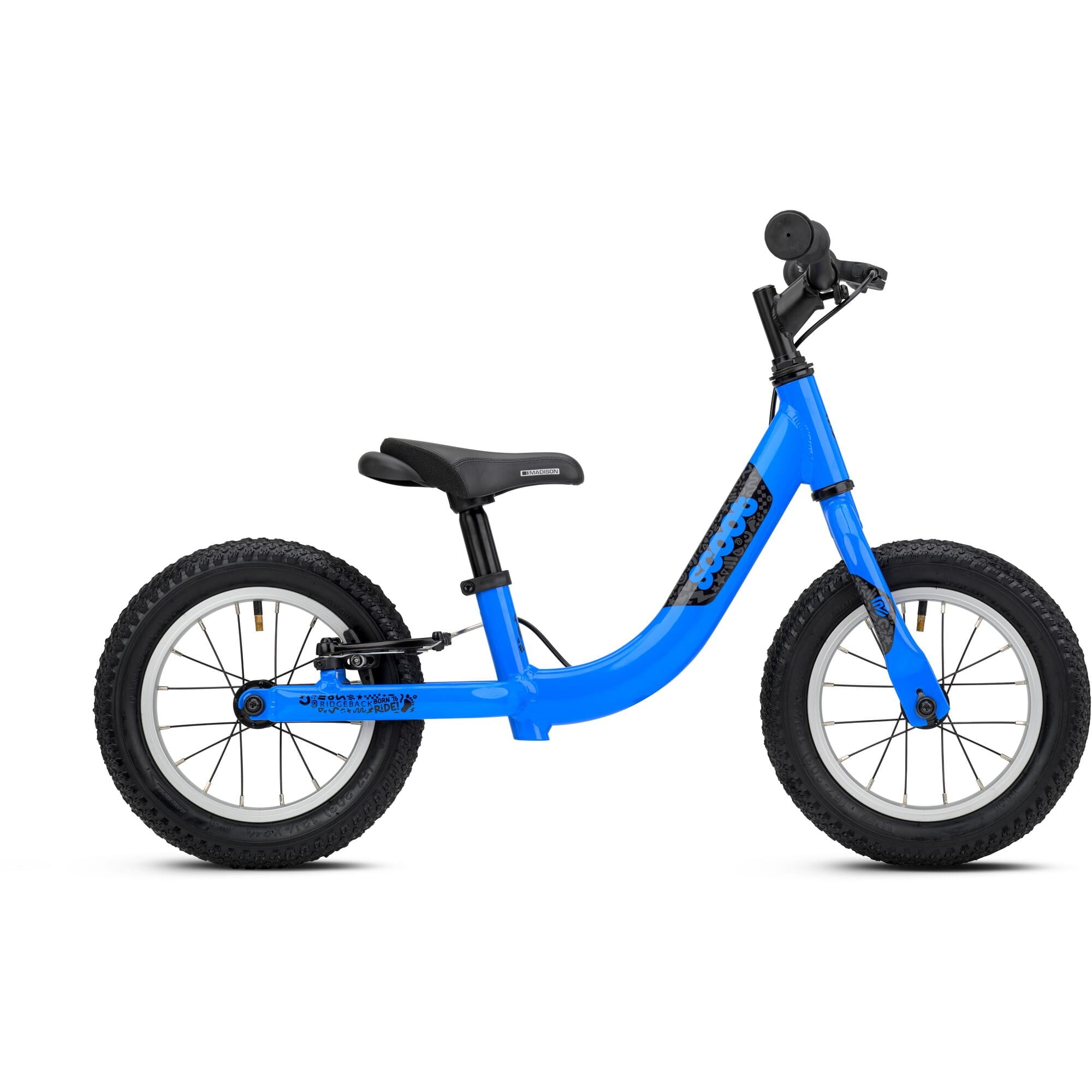 Blue Ridgeback Scoot 2027 kids balance bike for toddlers age 2+ shown with close-up of frame and handlebars.