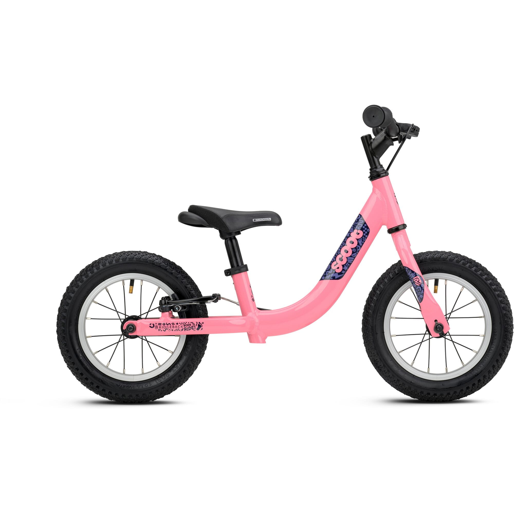 Pink Ridgeback Scoot 2027 kids balance bike for toddlers aged 2 and up, featuring a lightweight frame and comfortable handlebars.