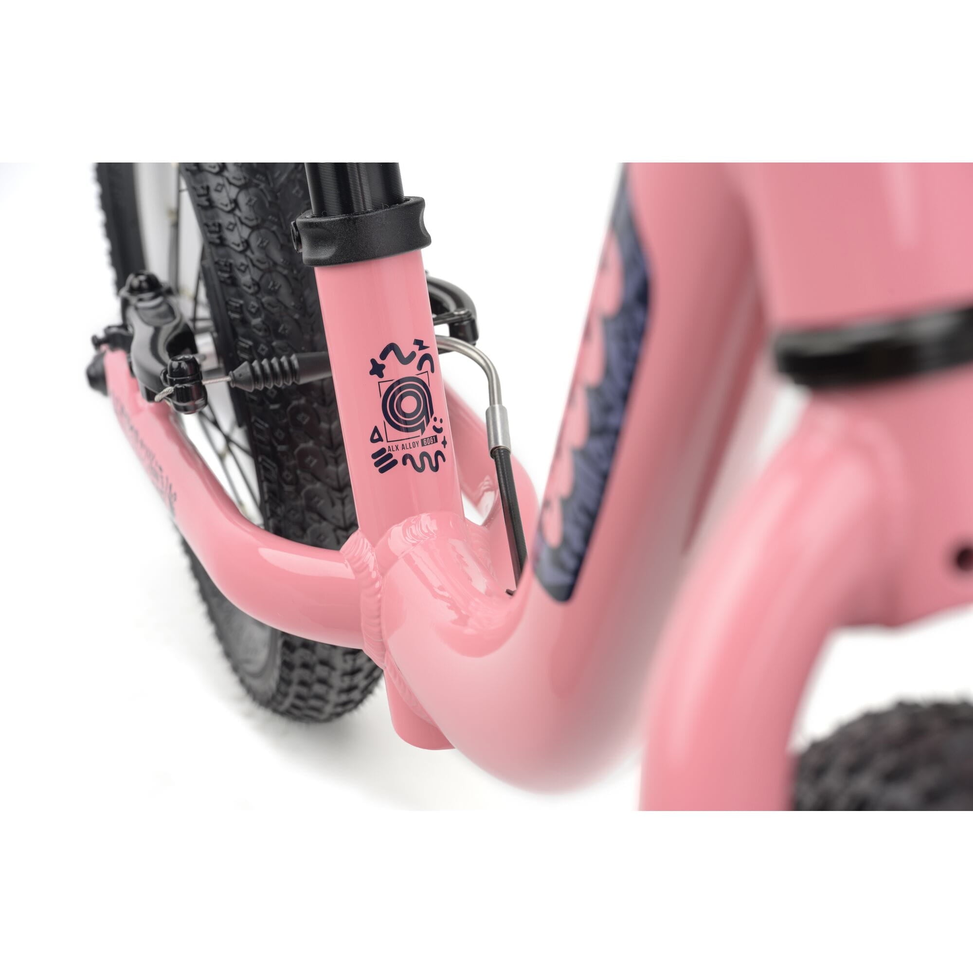 Pink Ridgeback Scoot 2027 kids balance bike for toddlers age 2+ with close-up of frame and handlebar details.