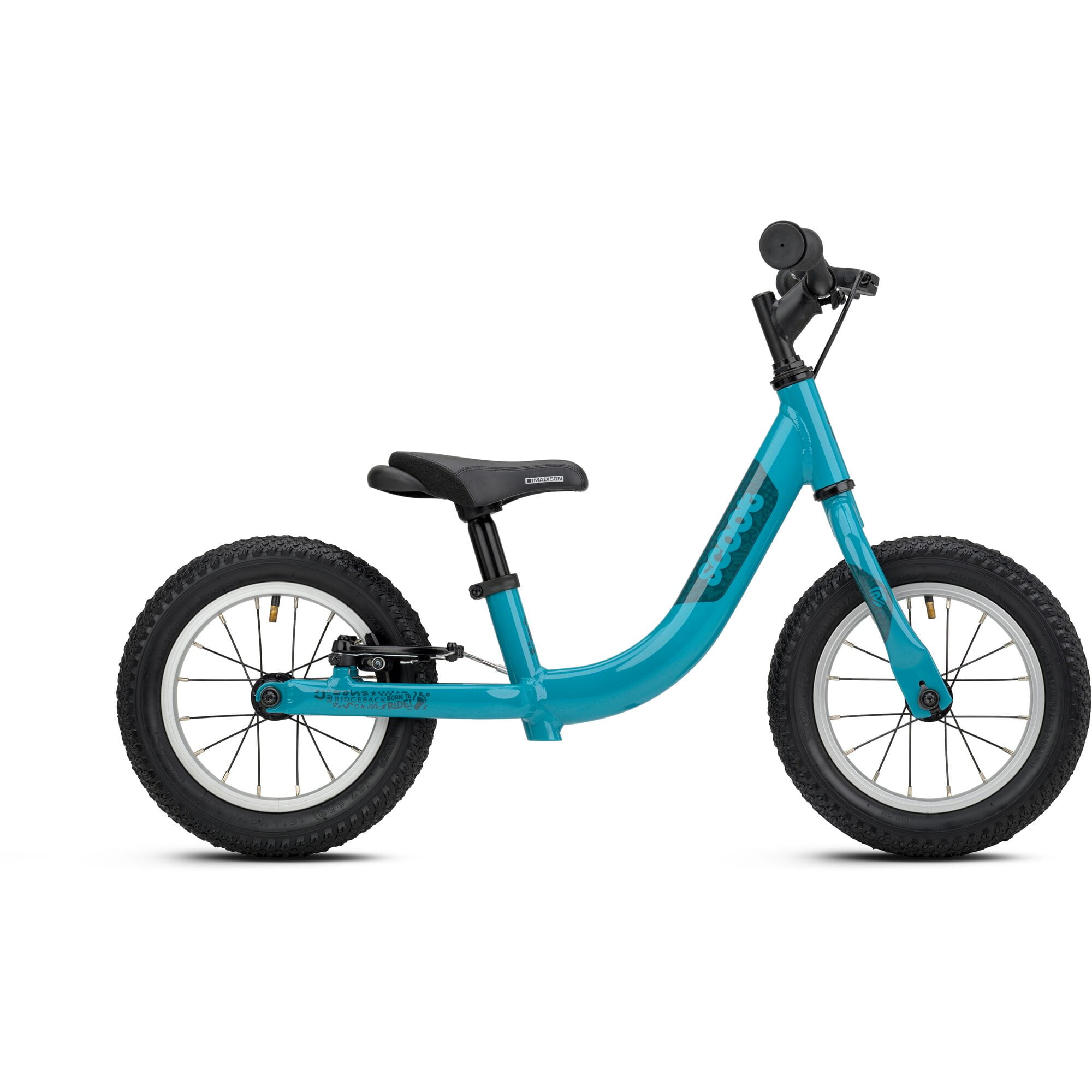Ridgeback Scoot 2027 kids balance bike in teal for toddlers age 2+, close-up of the bike frame and handlebars.