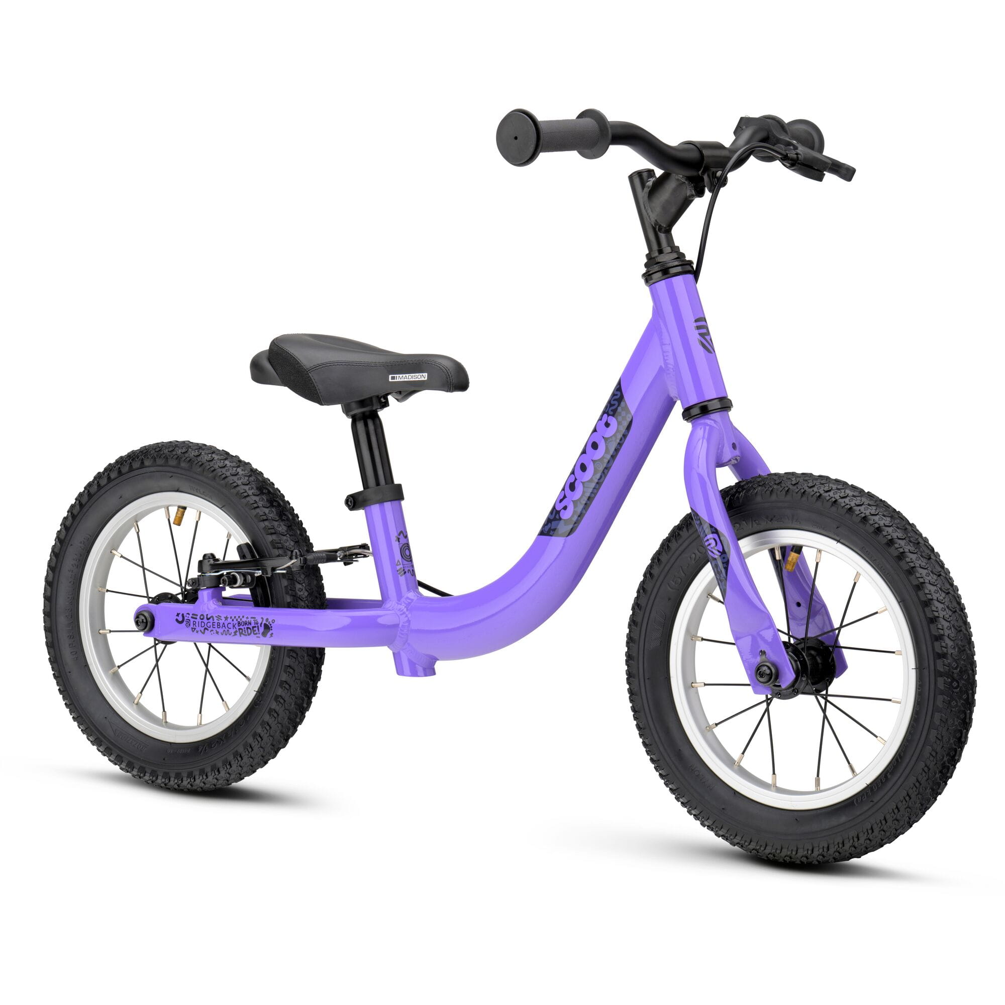 Ridgeback Scoot 2027 kids balance bike for toddlers, lilac color, close-up of the bike's frame and handlebars.