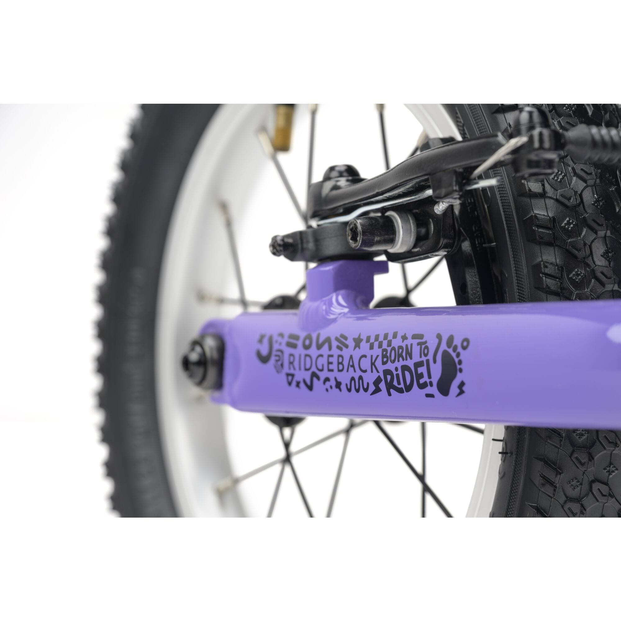 Ridgeback Scoot 2027 kids balance bike for toddlers, lilac color, close-up of bike frame and handlebar details