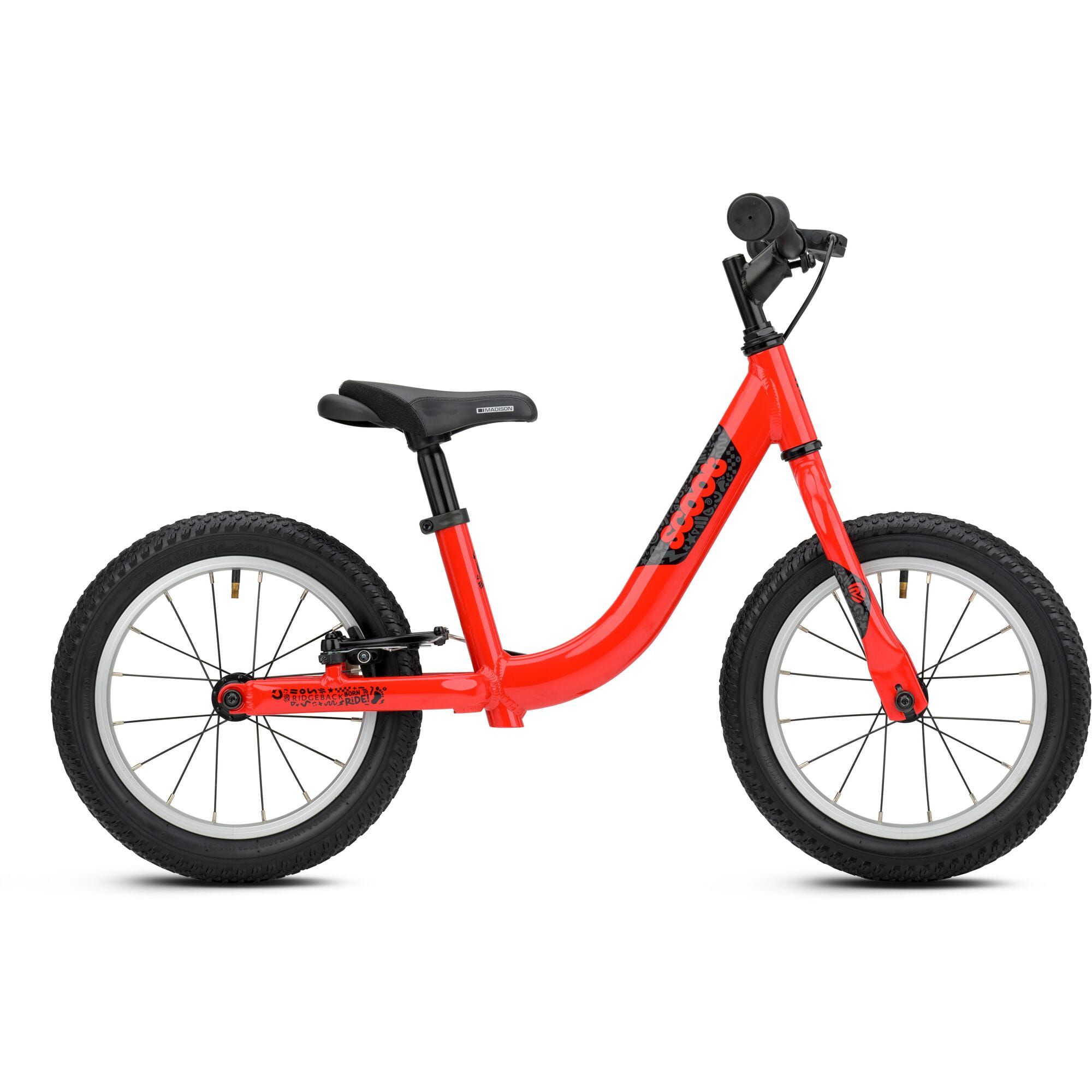 Red Ridgeback Scoot XL Kids Balance Bike, 14-inch model for ages 3 and up, suitable for beginner riders, detailed close-up view.
