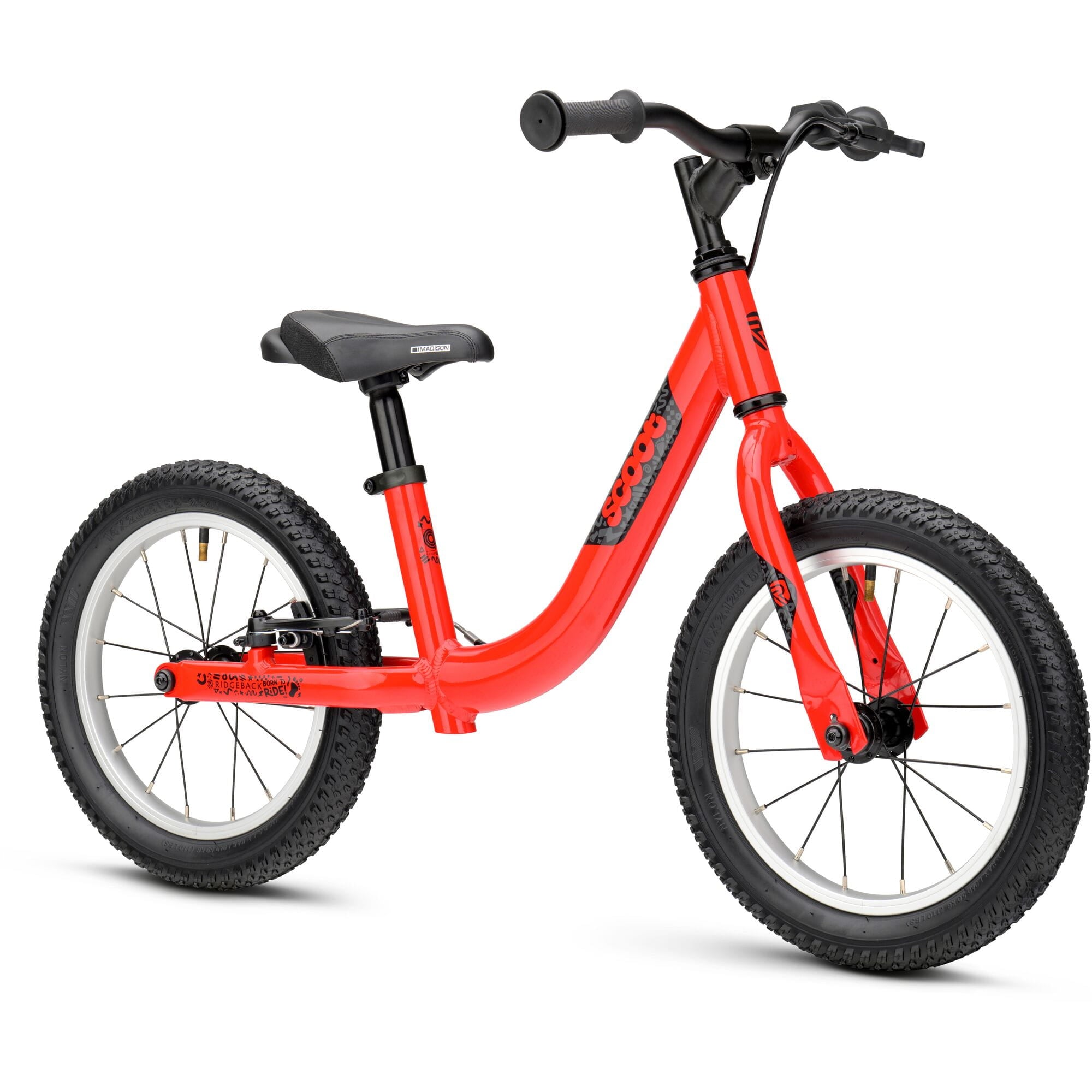 Red Ridgeback Scoot XL kids balance bike with 14-inch wheels, designed for beginner riders aged 3 and up.