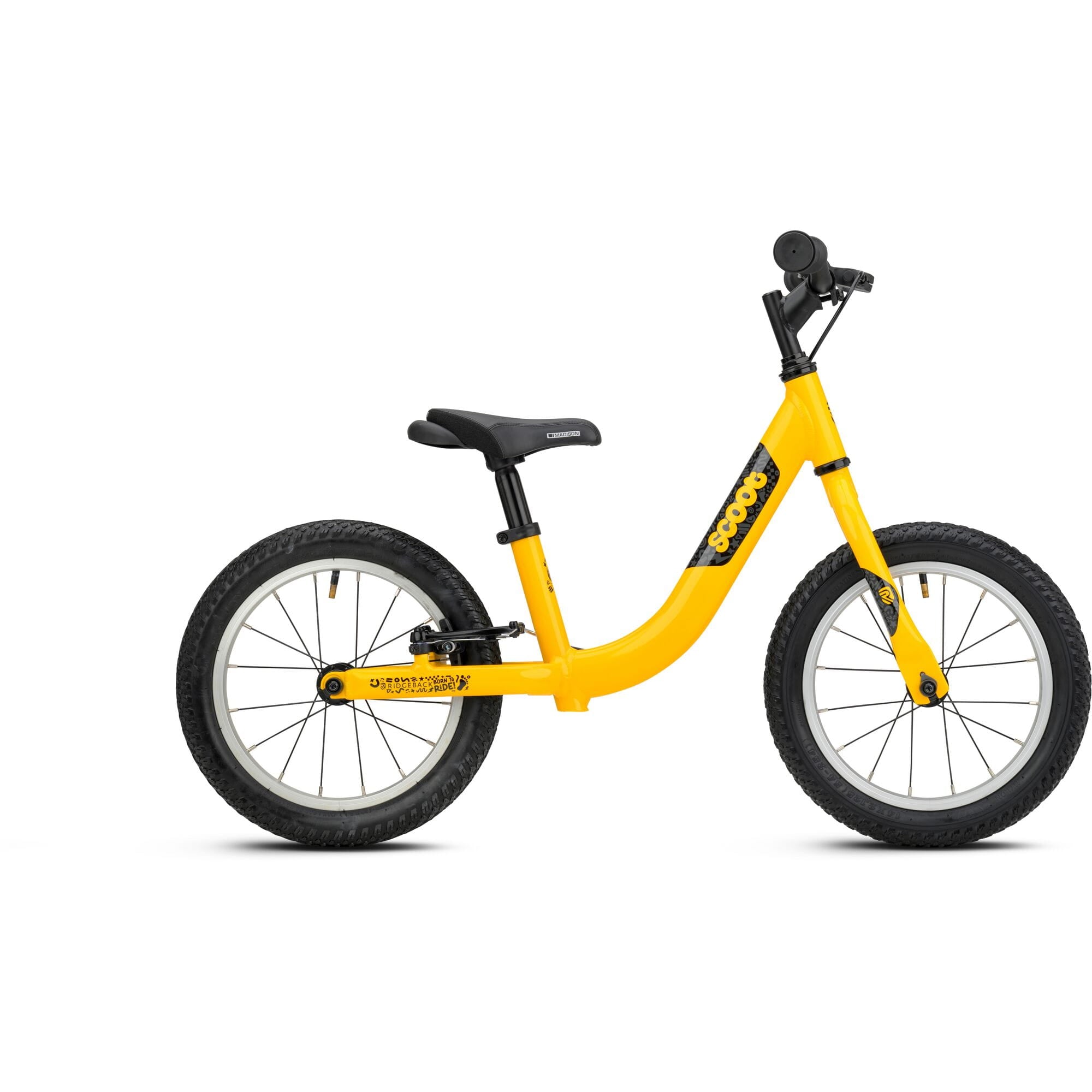 Yellow Ridgeback Scoot XL kids balance bike with 14-inch wheels, designed for beginner riders aged 3 and up.