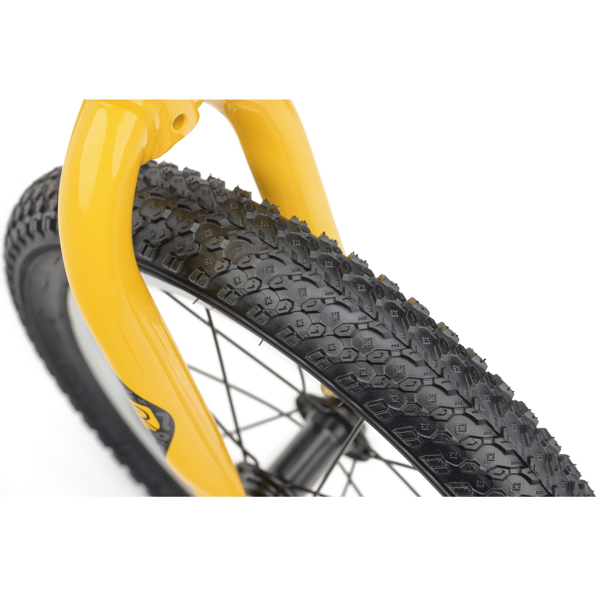 Yellow Ridgeback Scoot XL kids balance bike with 14-inch wheels, designed for beginner riders aged 3 and up.