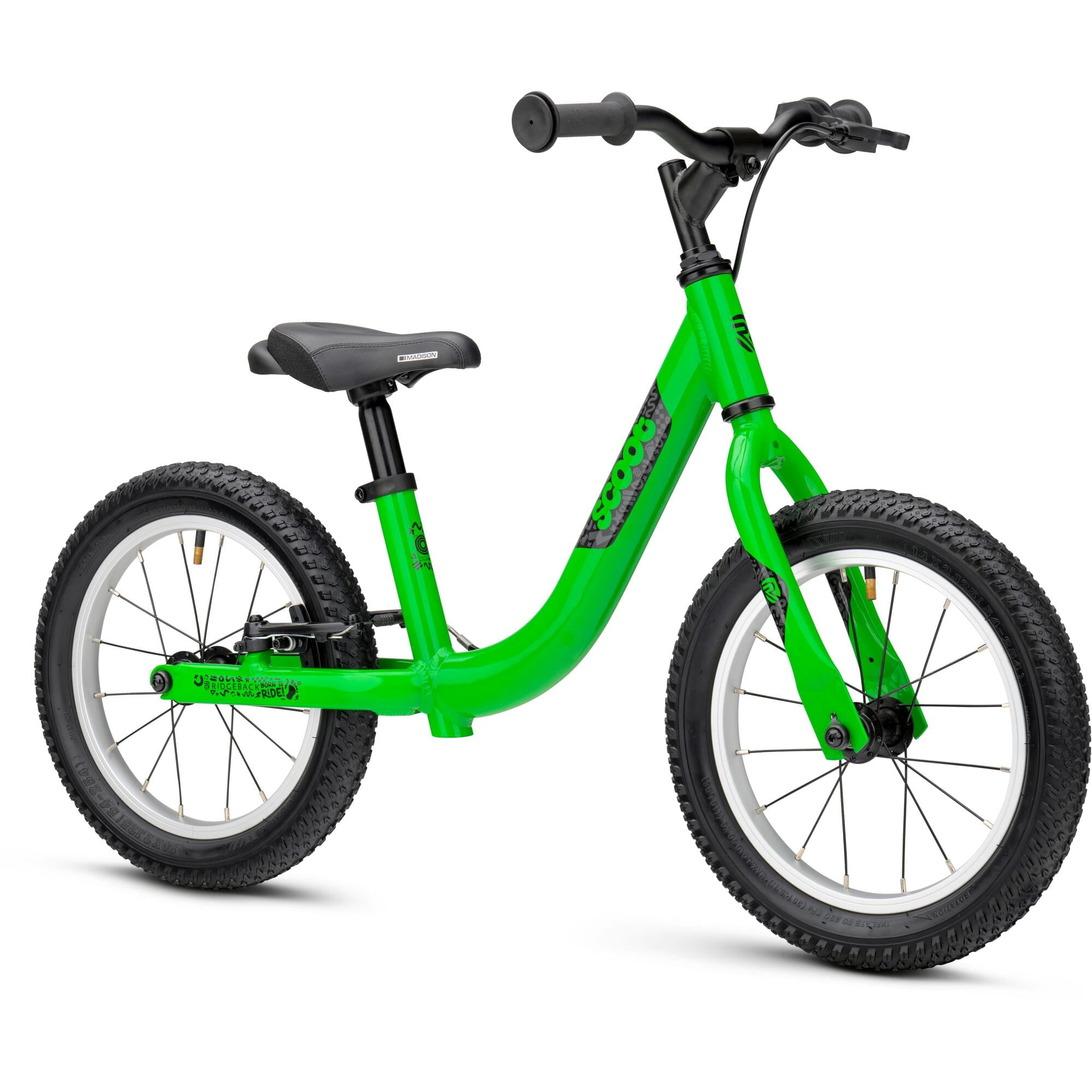 Green Ridgeback Scoot XL kids balance bike with 14-inch wheels, designed for beginner riders aged 3 and up.