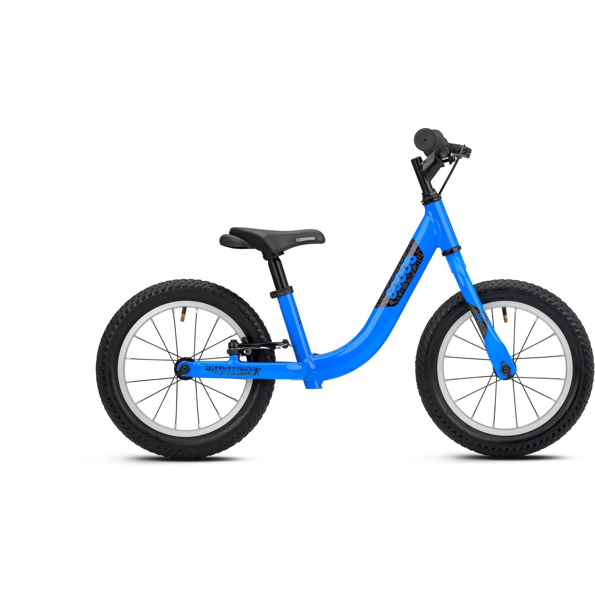 Blue Ridgeback Scoot XL kids balance bike with 14-inch wheels, suitable for beginner riders ages 3 and up.