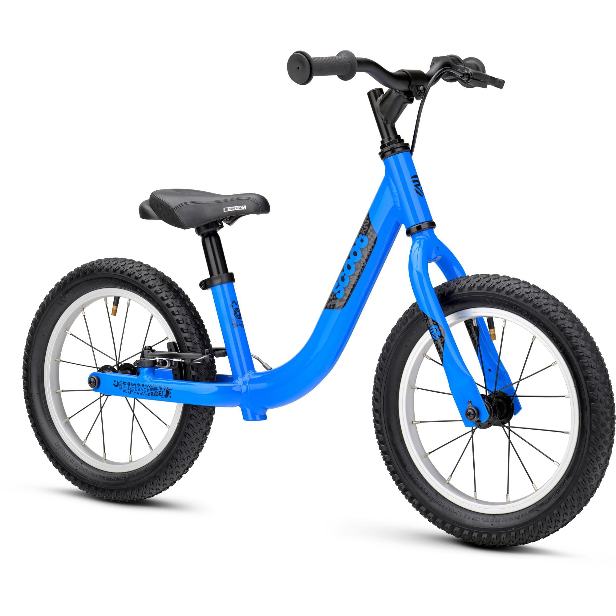 Blue Ridgeback Scoot XL kids balance bike with 14-inch wheels, designed for beginner riders aged 3 and up.