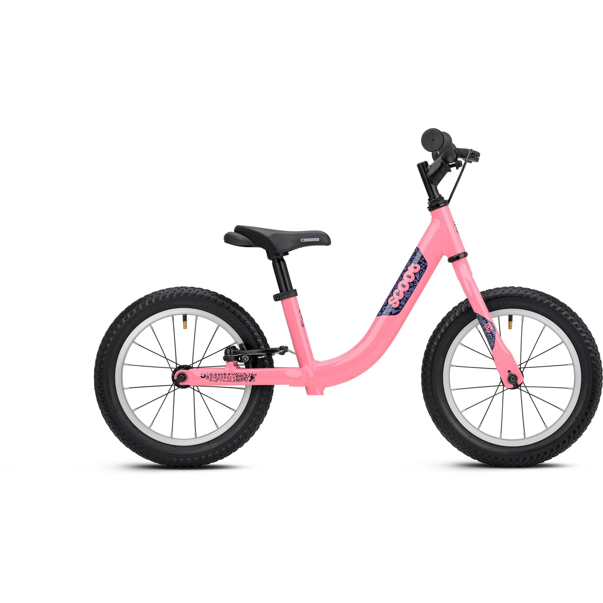 Pink Ridgeback Scoot XL kids balance bike with 14-inch wheels, suitable for ages 3+ beginner riders, shown with detailed frame and tires.
