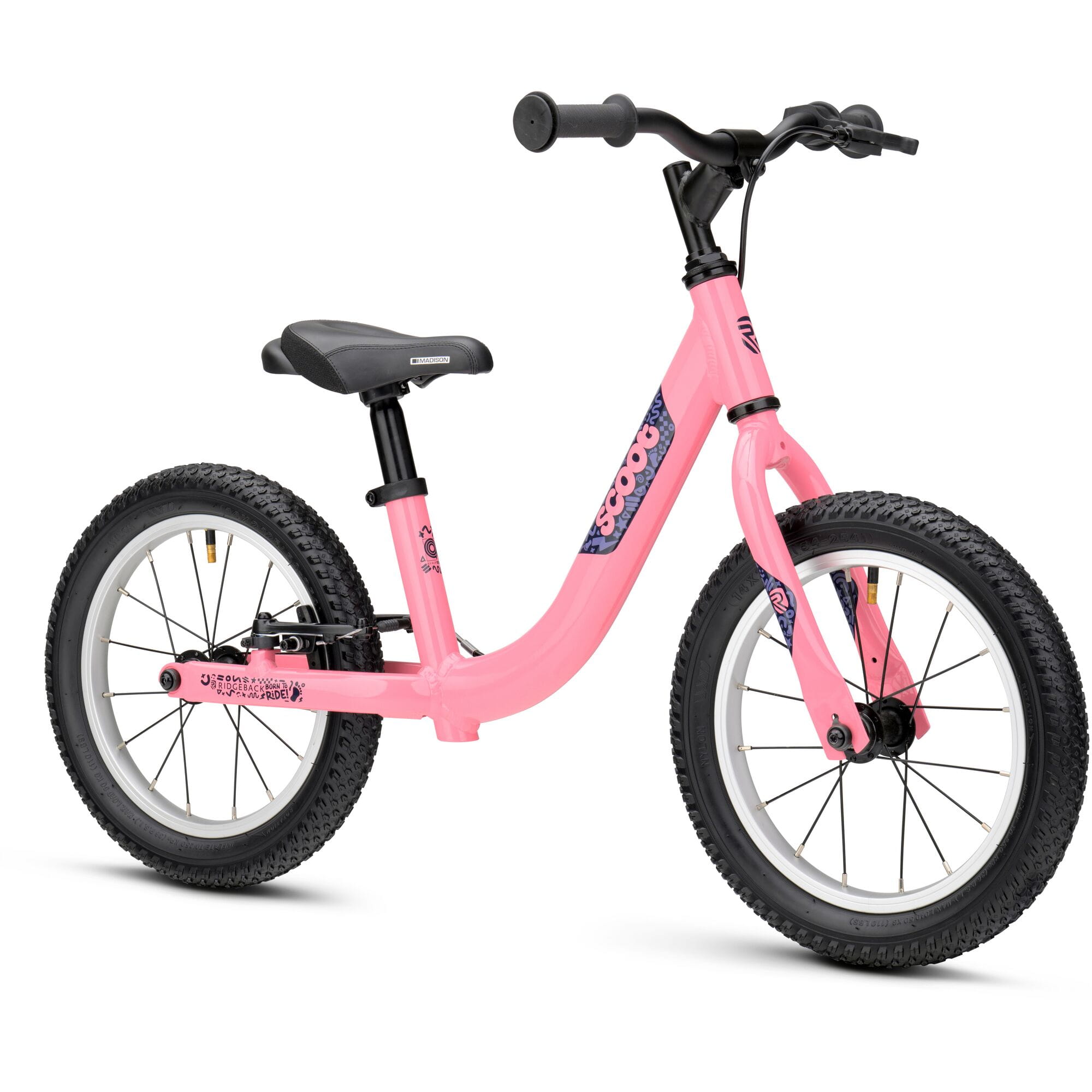 Pink Ridgeback Scoot XL kids balance bike with 14-inch wheels, designed for beginner riders aged 3 and up.