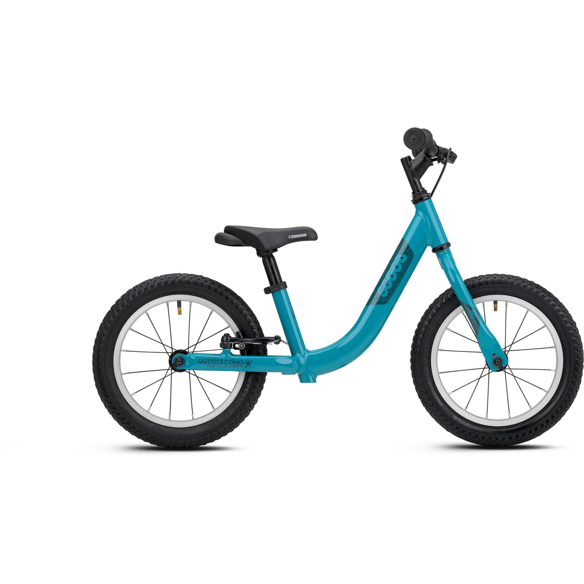 Ridgeback Scoot XL kids balance bike in teal with 14-inch wheels, designed for beginner riders ages 3 and up.