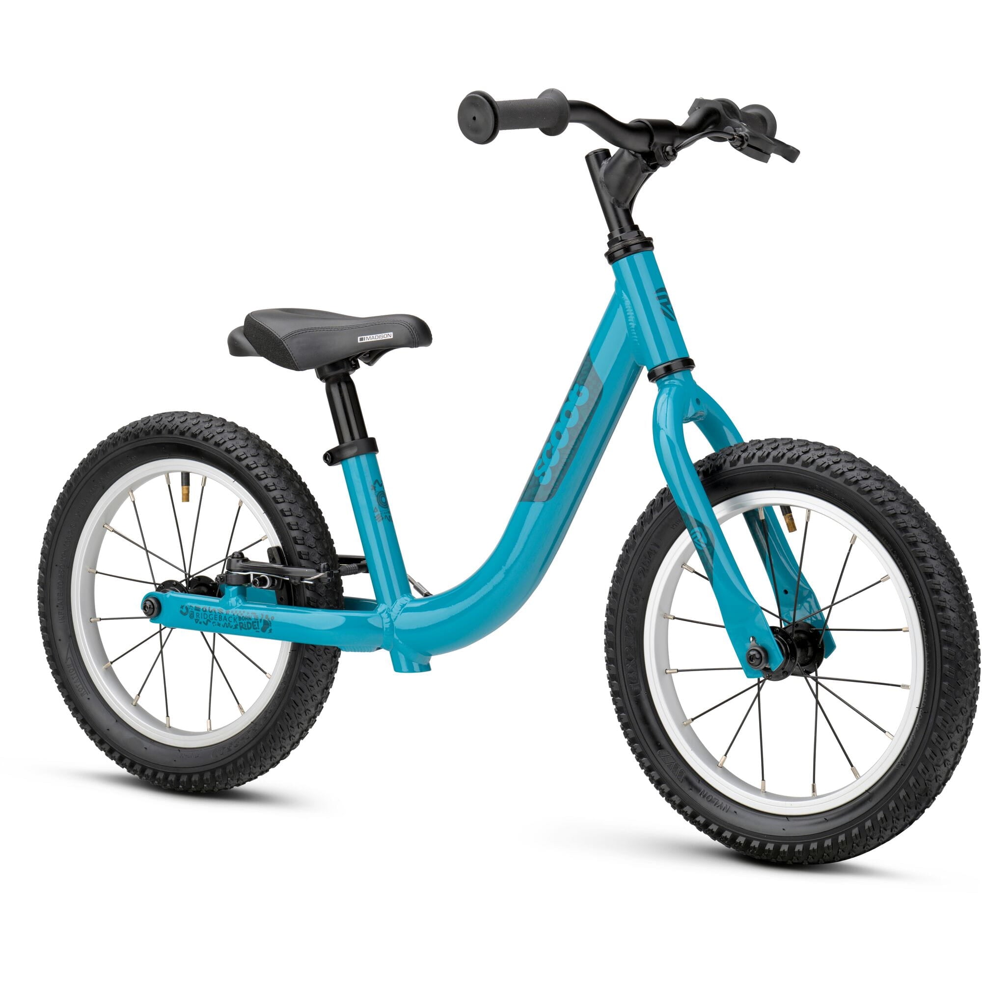 Ridgeback Scoot XL kids balance bike in teal, 14-inch size, designed for ages 3+ beginner riders, featuring a sturdy frame and simple design.
