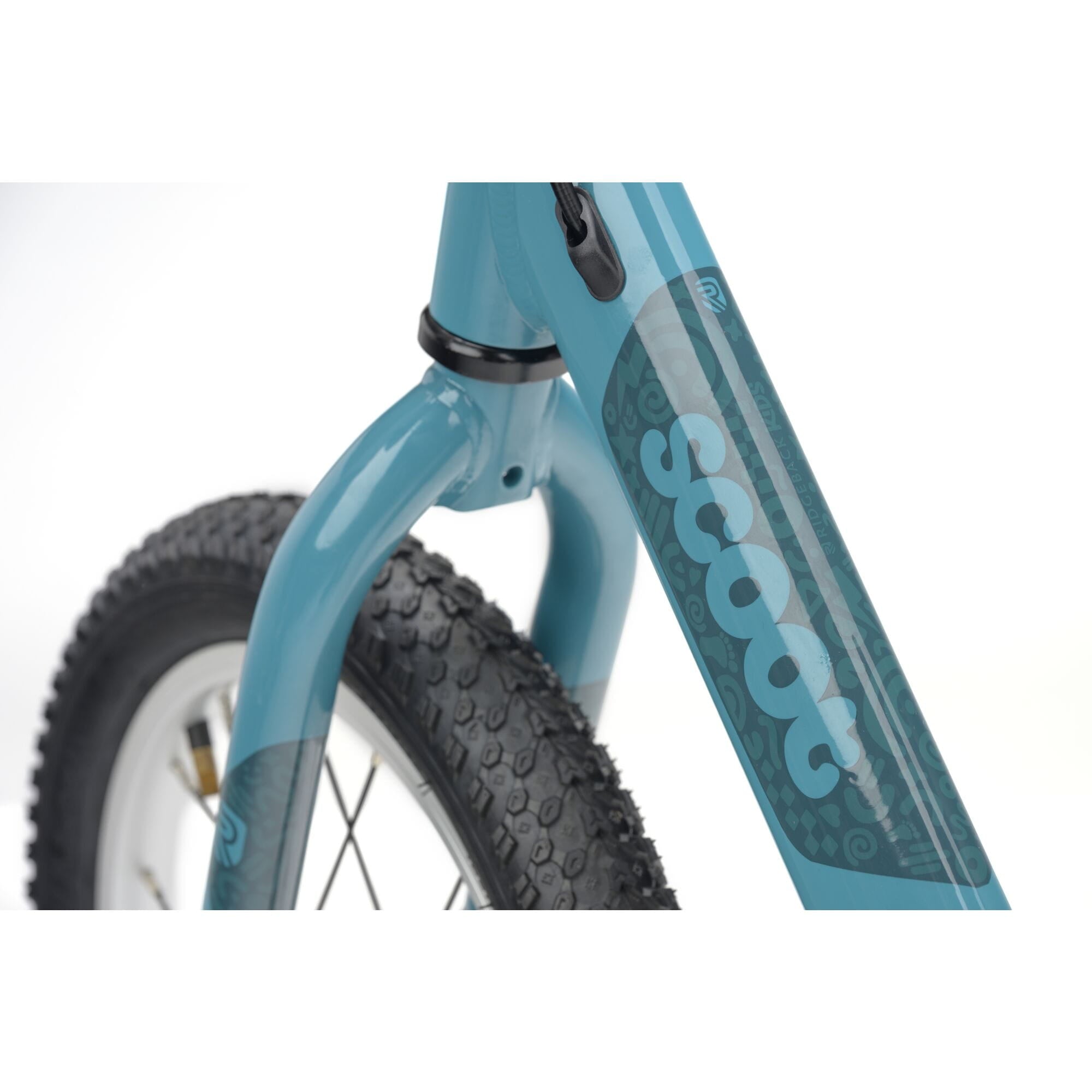 Ridgeback Scoot XL kids' balance bike in teal with 14-inch wheels, ideal for beginner riders aged 3 and up.