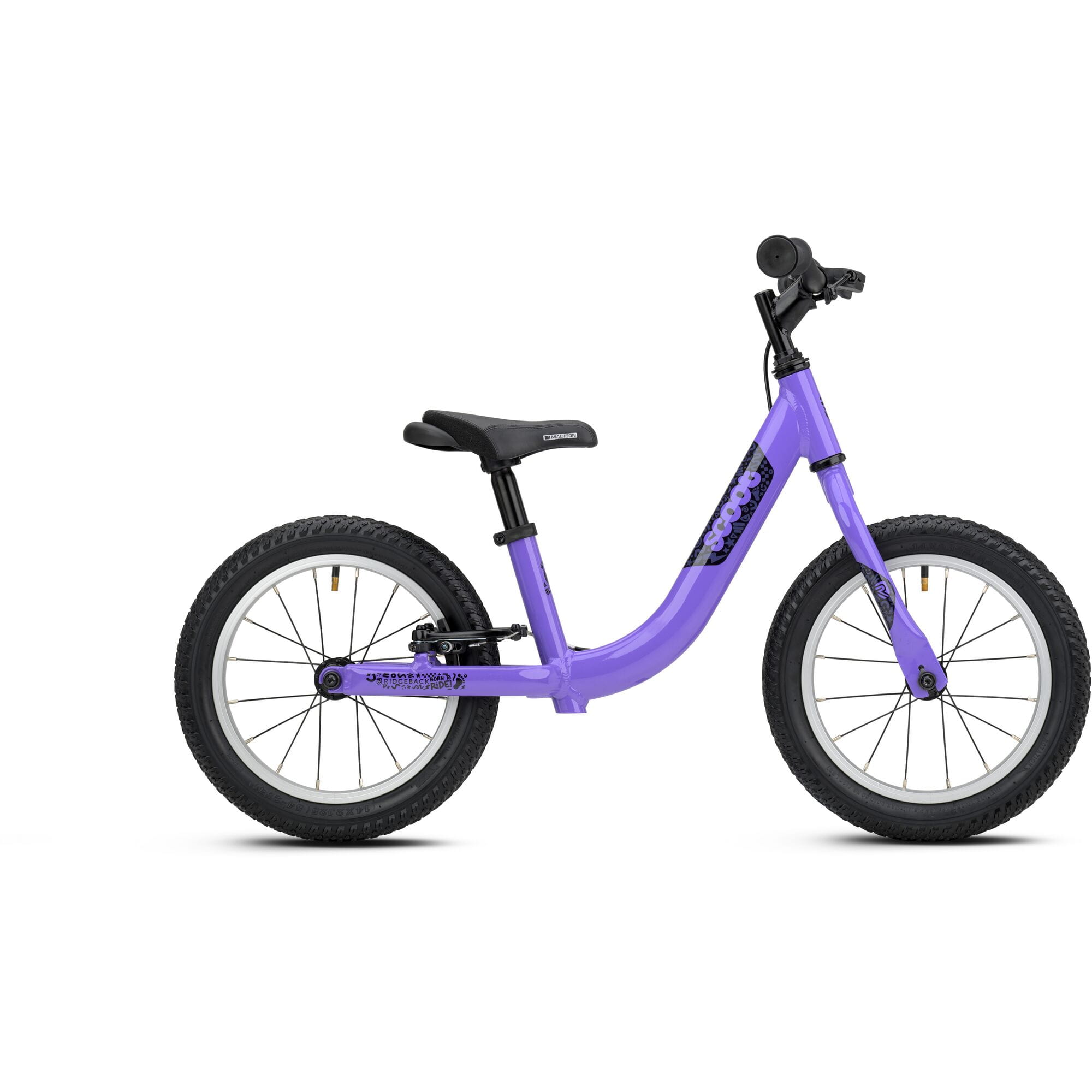 Lilac Ridgeback Scoot XL kids' balance bike with 14-inch wheels for beginner riders aged 3 and up, showing detailed frame and handlebars.