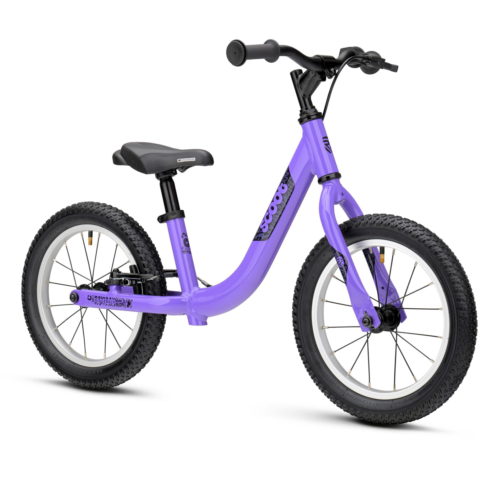 Ridgeback Scoot XL kids balance bike 14-inch lilac color, designed for beginner riders aged 3 and up.