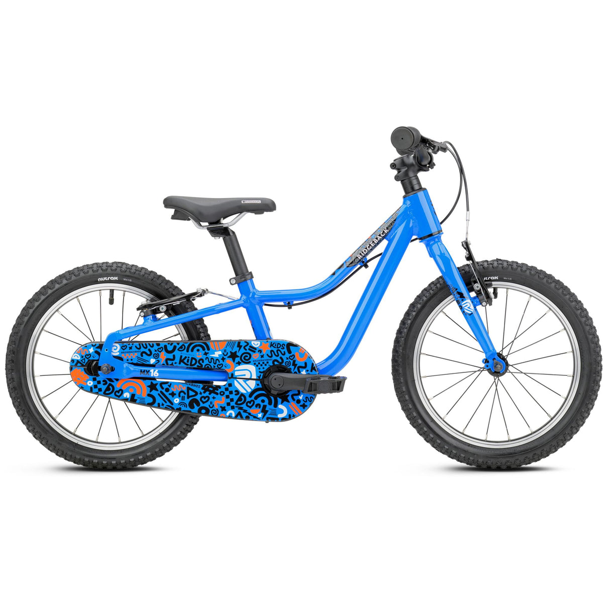 Blue Ridgeback MX16 kids bike with adjustable 16-inch wheels, suitable for children ages 3.5 to 6 years, detailed view.