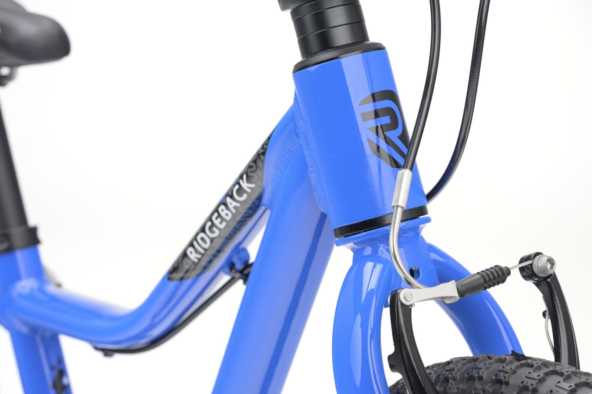 Blue Ridgeback MX16 kids bike with 16-inch wheels, adjustable seat, suitable for children aged 3.5 to 6 years, close-up detail.
