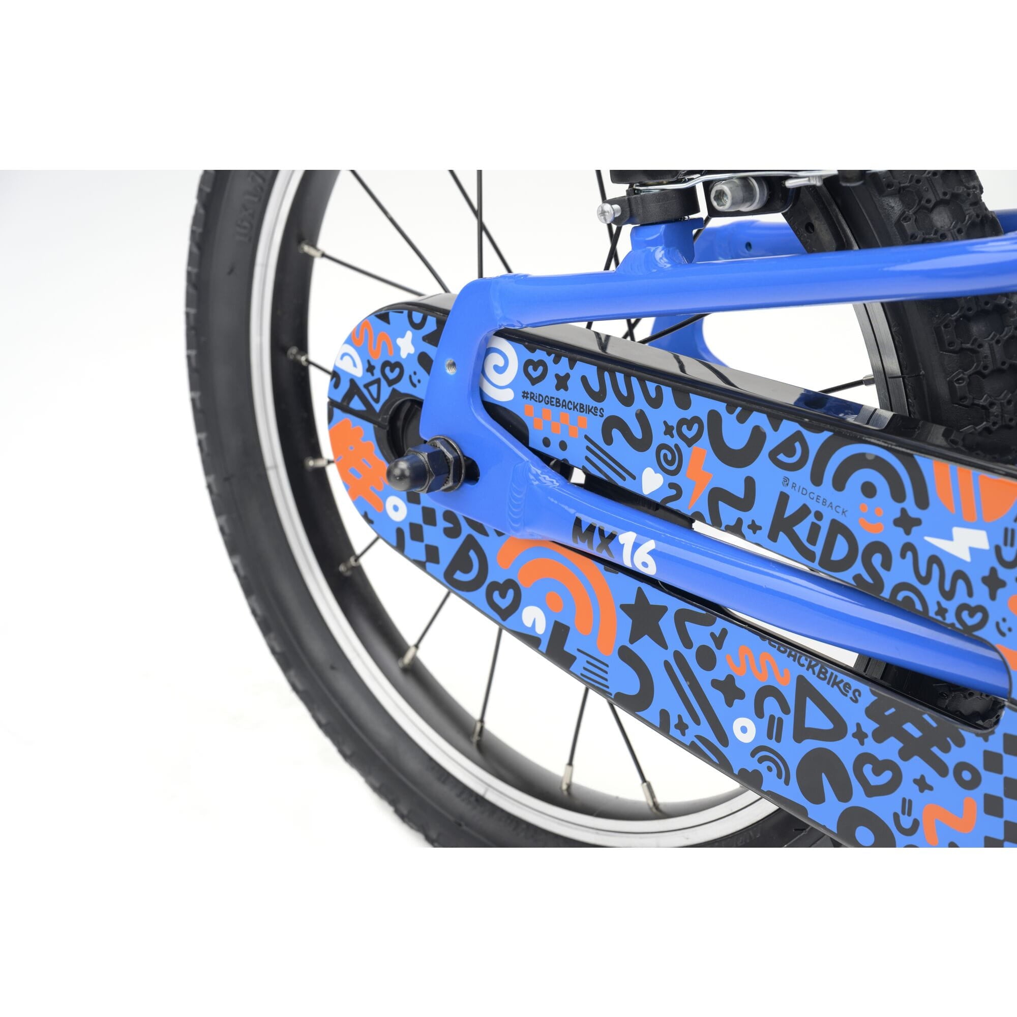 Blue Ridgeback MX16 Kids Bike with adjustable 16-inch wheels, designed for children aged 3.5 to 6 years, detailed view.