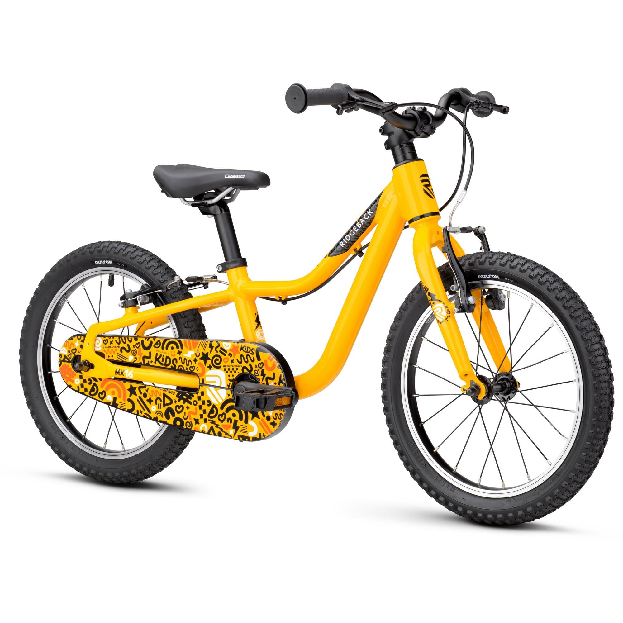 Yellow Ridgeback MX16 kids bike with 16-inch wheels, suitable for ages 3½ to 6, featuring adjustable seat and durable frame.