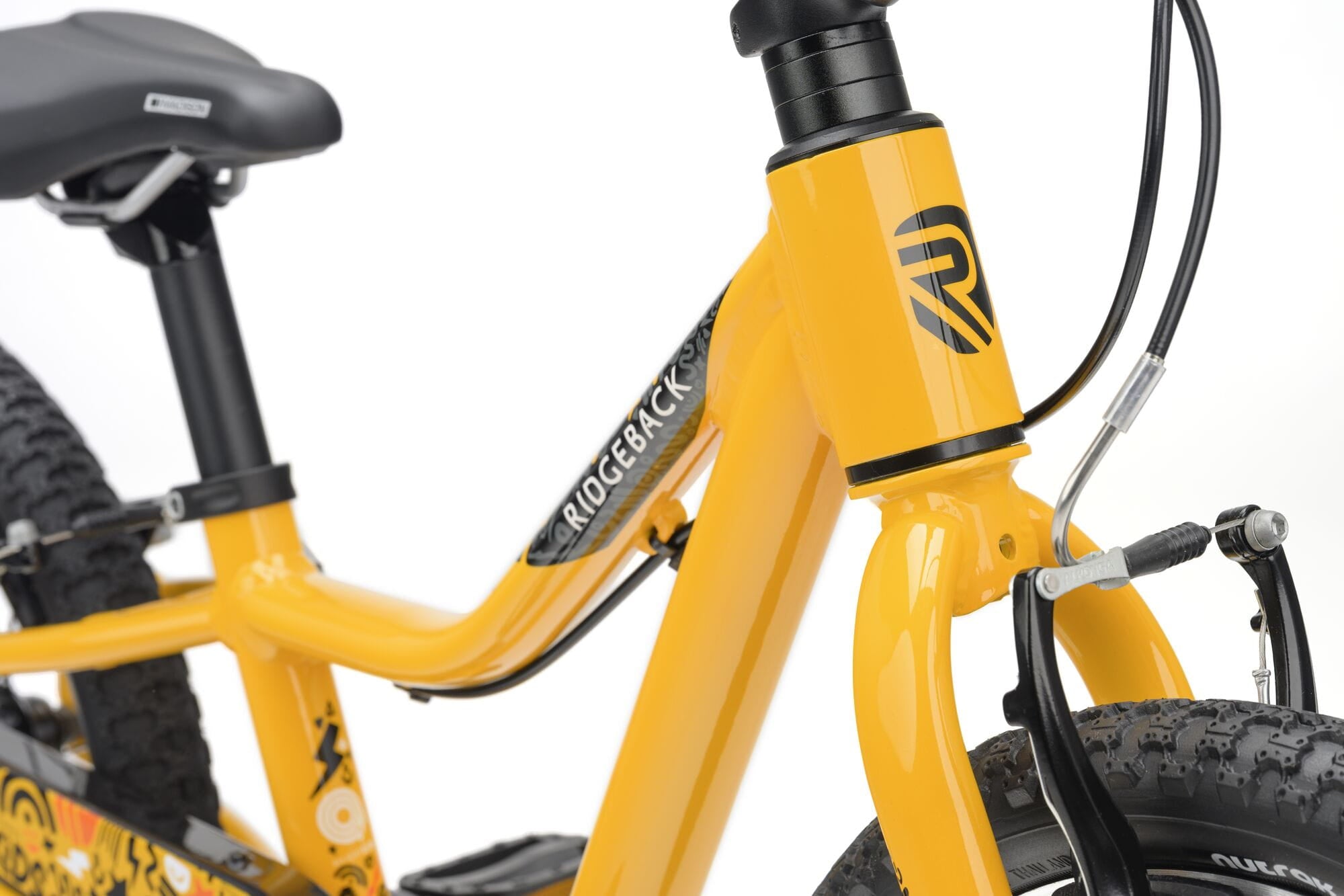 Yellow Ridgeback MX16 kids bike with 16-inch wheels, adjustable frame, suitable for ages 3.5 to 6 years, detailed close-up view.