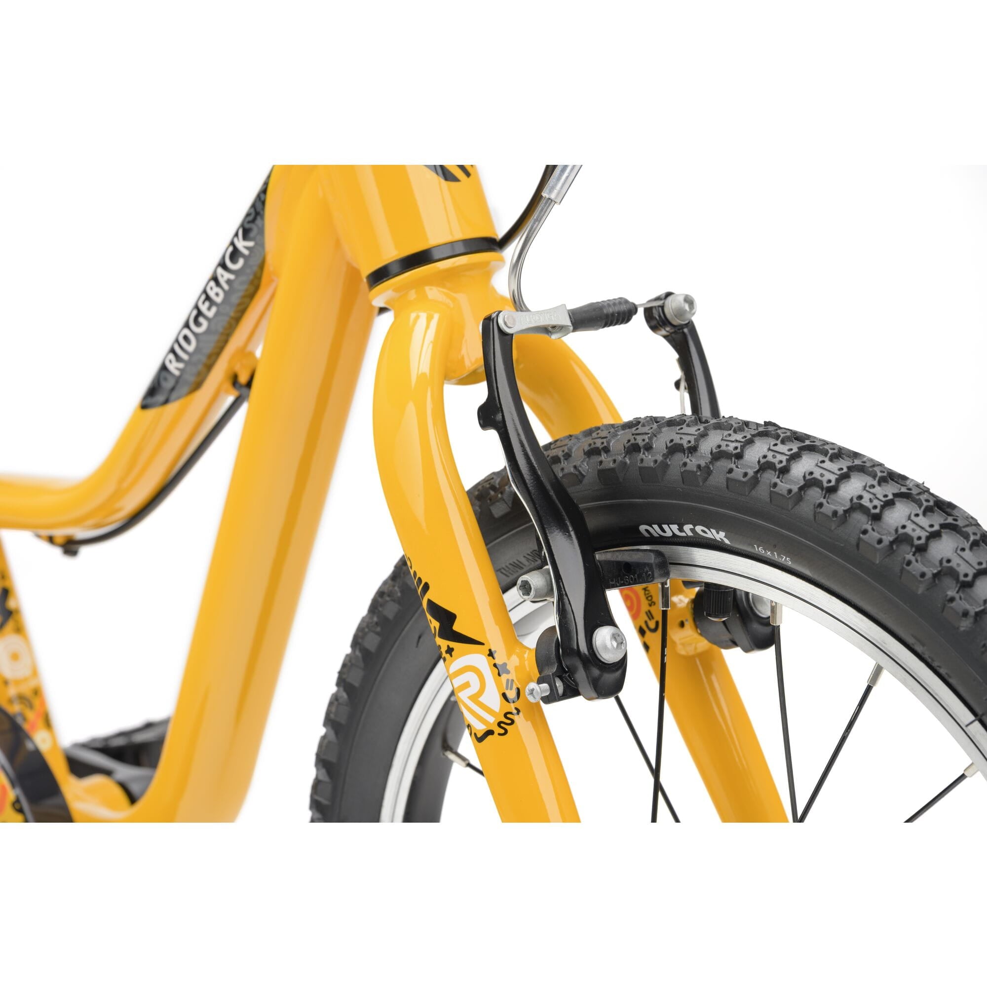 Yellow Ridgeback MX16 kids bike with 16-inch wheels, suitable for ages 3½ to 6 years, featuring adjustable handlebars.