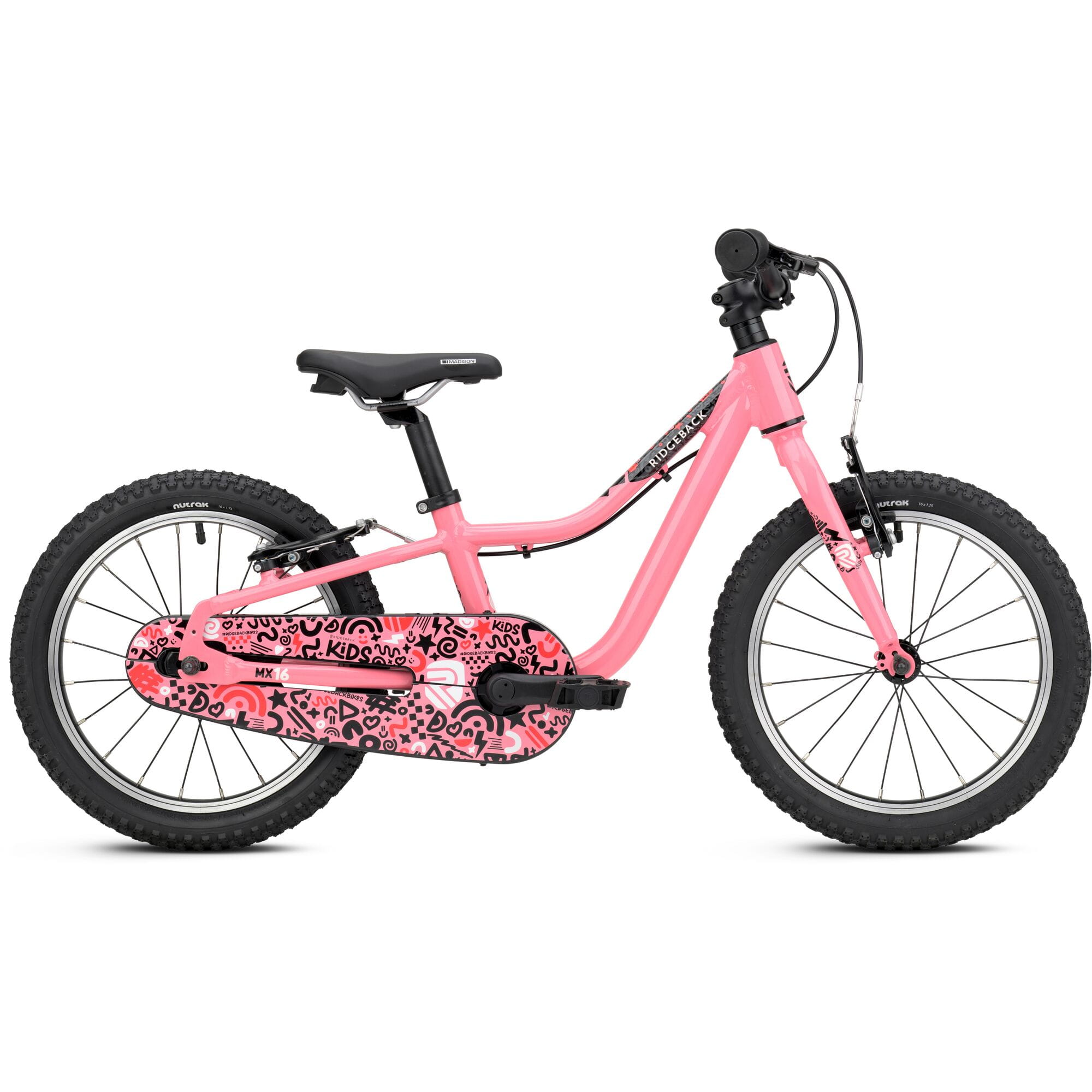 Pink Ridgeback MX16 kids bike with 16-inch wheels, adjustable frame for ages 3.5 to 6 years, featuring a sturdy design and safety features.