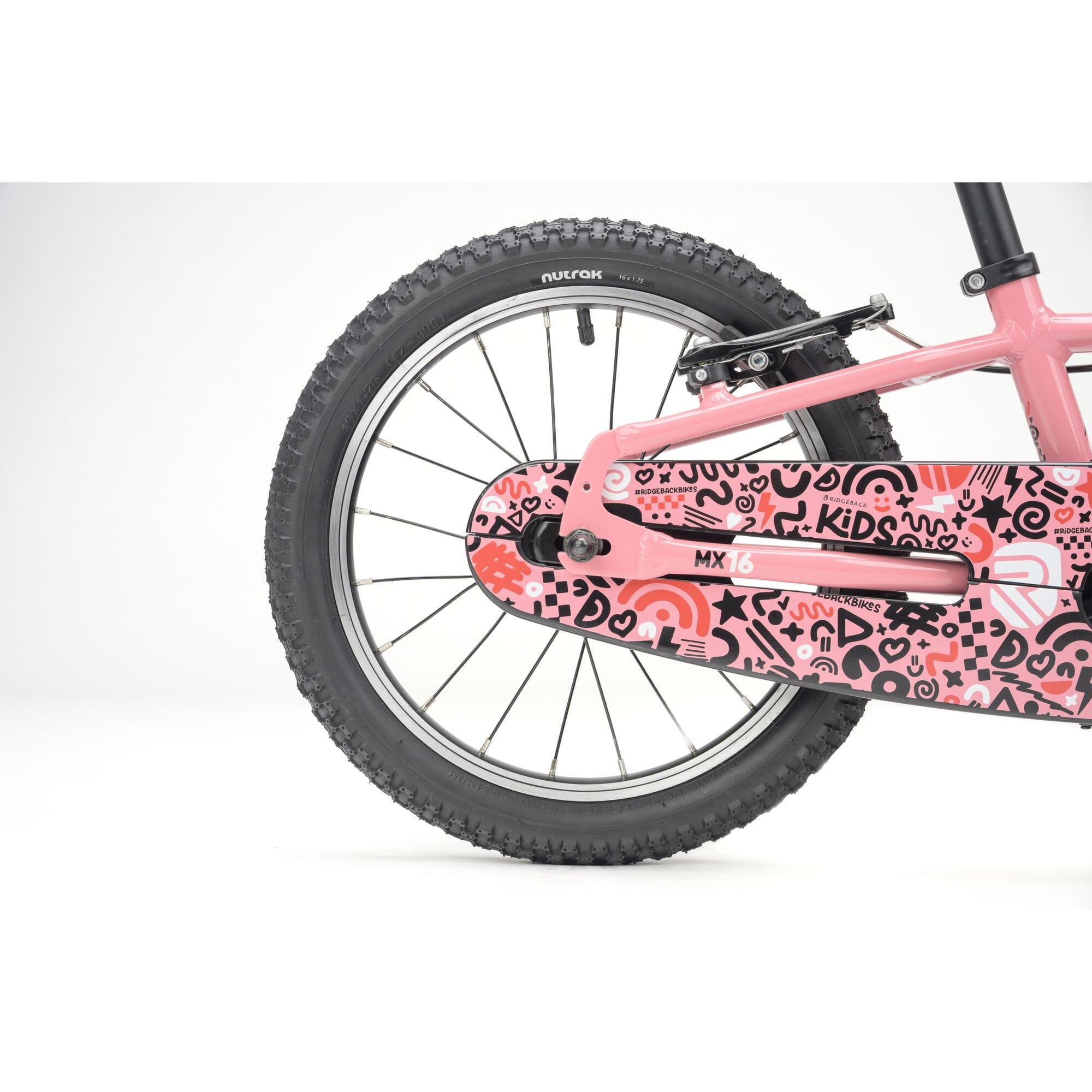 Pink Ridgeback MX16 kids bike with 16-inch wheels, adjustable frame suitable for ages 3½ to 6 years, detailed view of the bike frame.