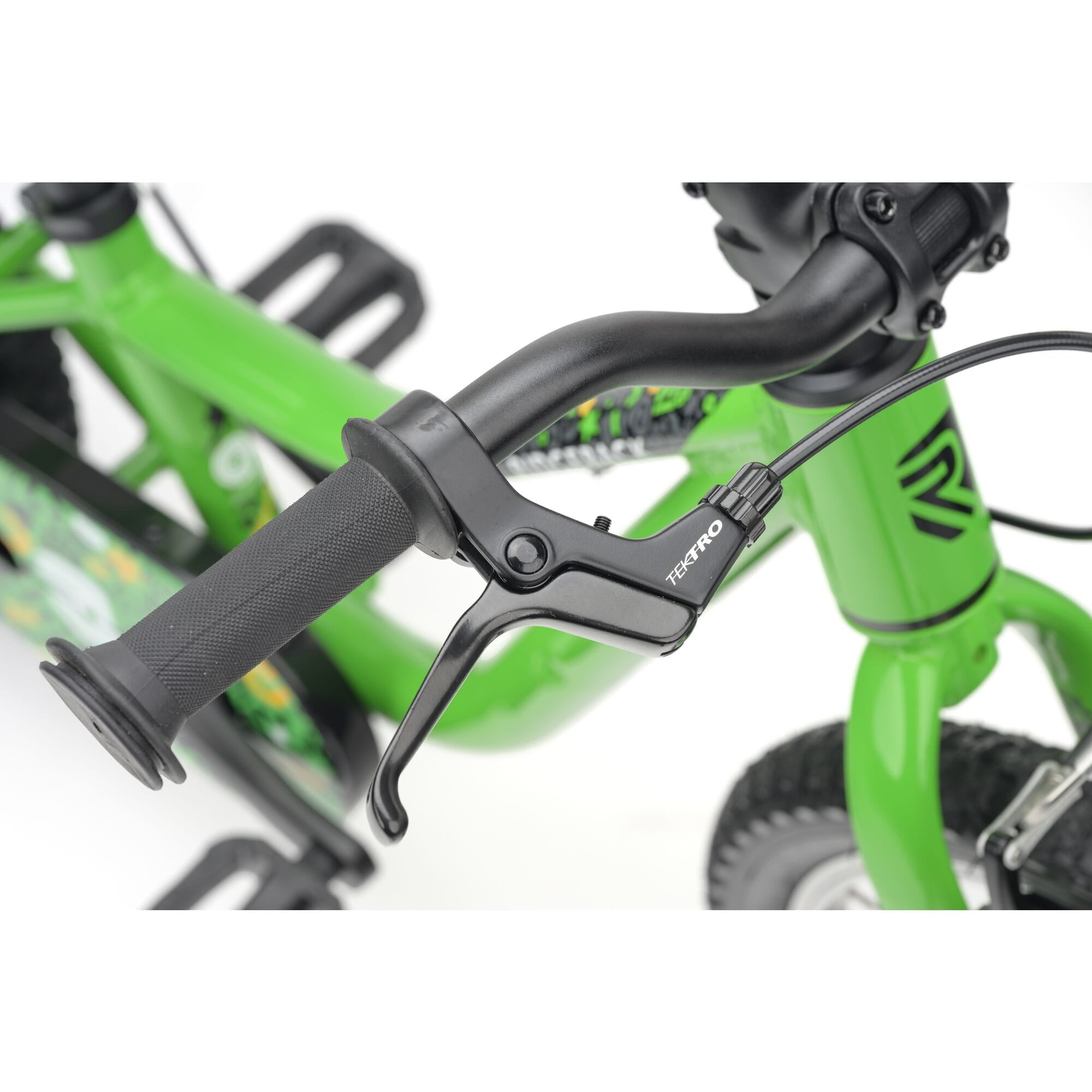 Green Ridgeback MX16 Kids Bike with adjustable 16-inch wheels, suitable for children aged 3.5 to 6 years, close-up detail.